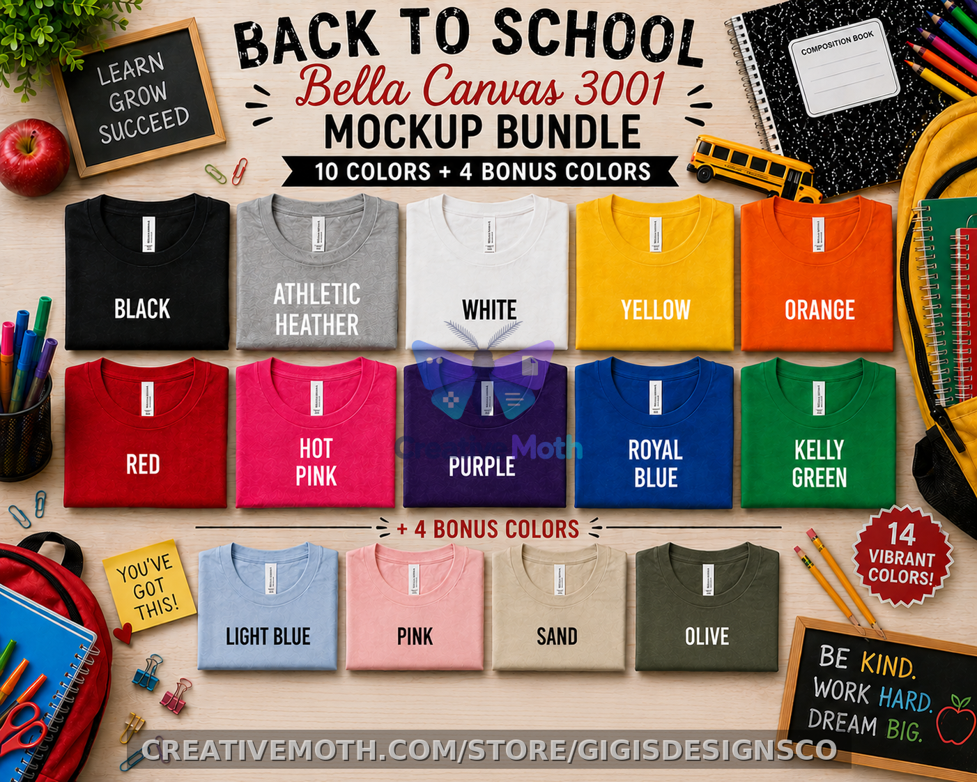 Back to School Bella Canvas 3001 Mockup Bundle – 14 Vibrant Shirt Colors preview image