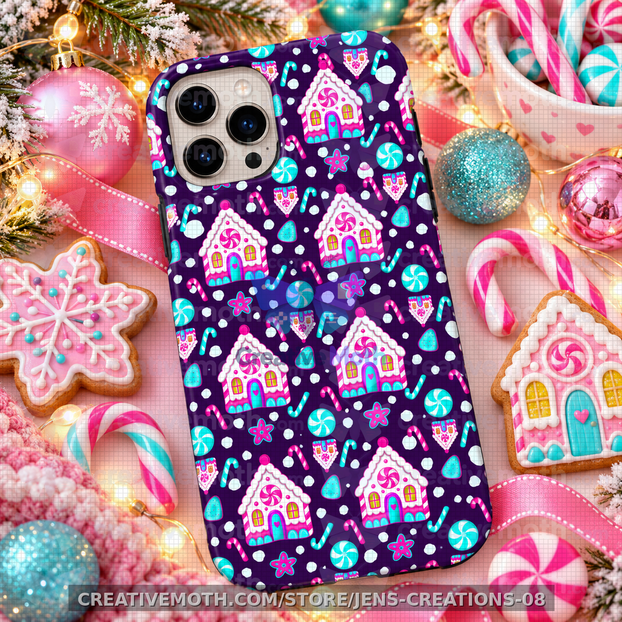 Christmas Gingerbread Seamless Pattern PNG | Pink Candyland Digital Paper | Candy Cane Christmas Repeat Pattern | Fabric Sublimation Design preview image