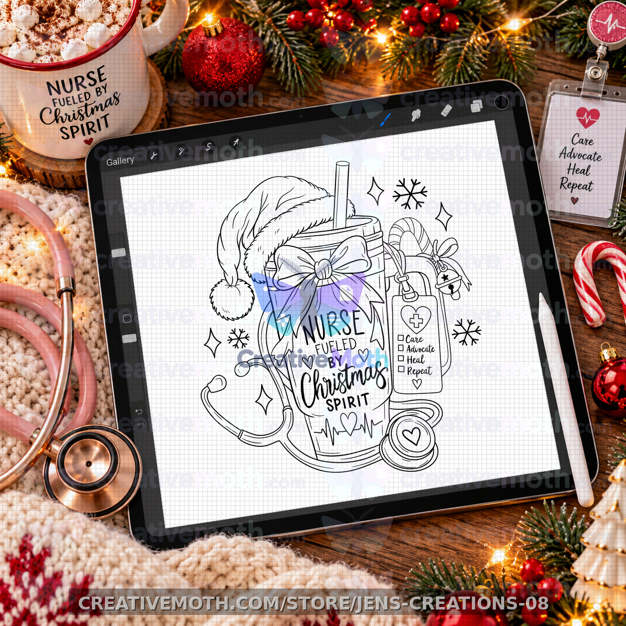 Nurse Fueled by Christmas Spirit Outline PNG | Christmas Nurse Digital Design | Holiday Nurse Coloring Art | Medical Christmas DTF Design preview image