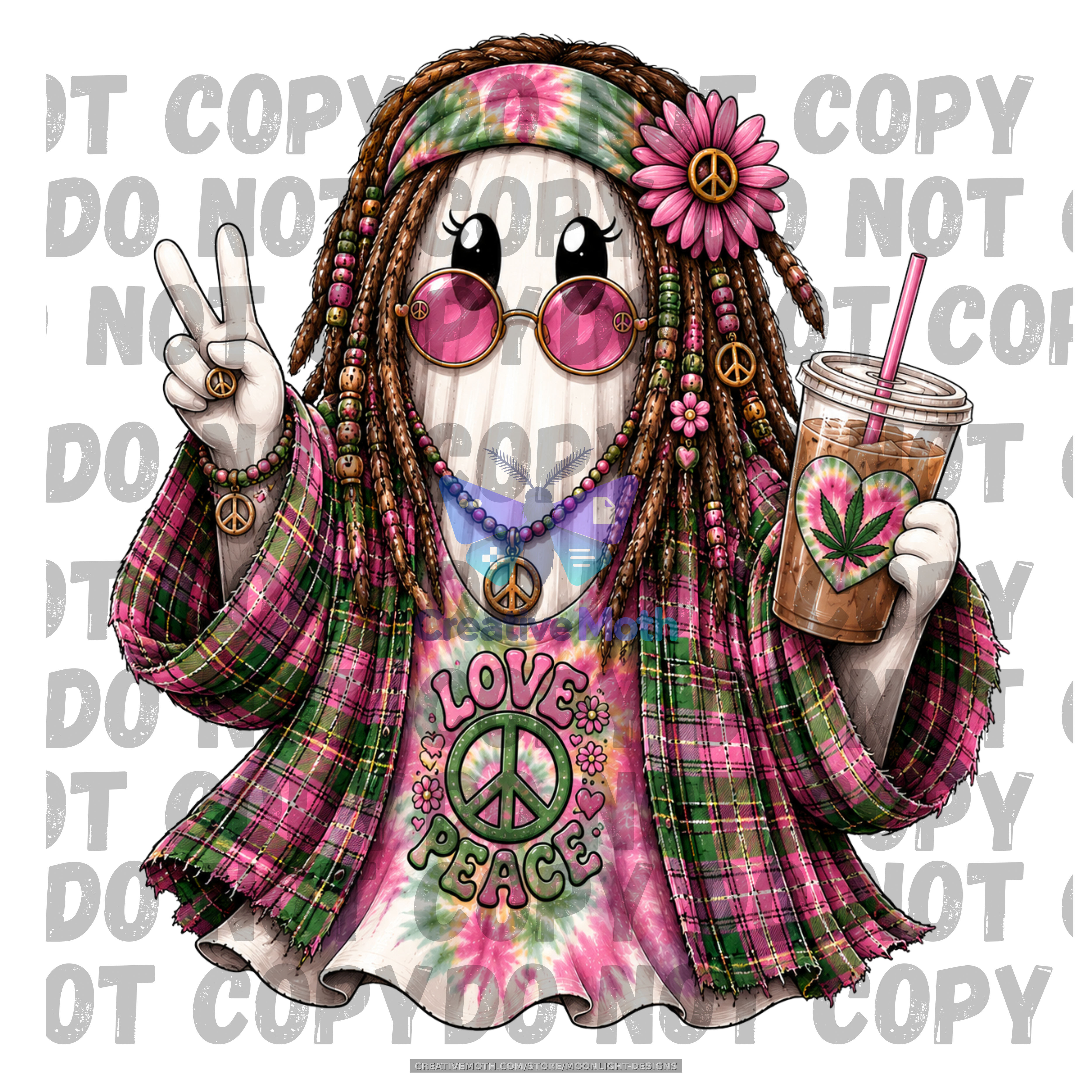 Hippie Ghost PNG | Peace Love Ghost Sublimation Design | Tie Dye Boho Ghost with Iced Coffee | Retro Halloween PNG Download preview image
