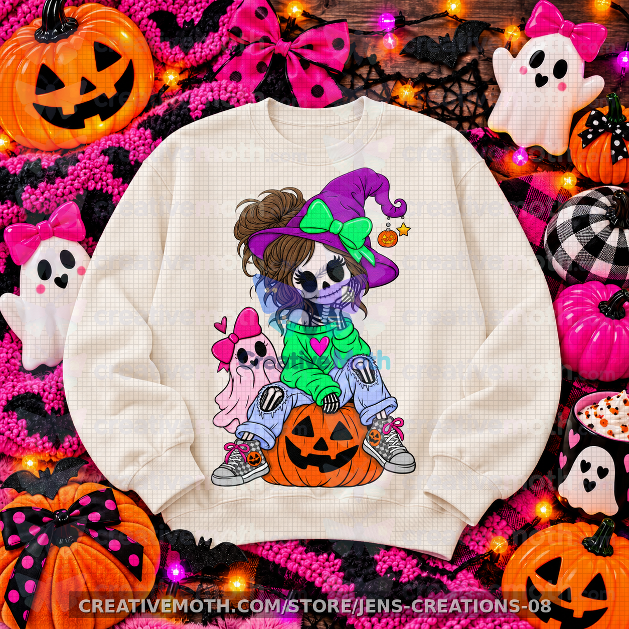 Skelly Boo Girl PNG | Cute Skeleton Witch Halloween Design | Girly Spooky Season PNG | Pink Ghost Pumpkin DTF Sublimation Digital Download preview image