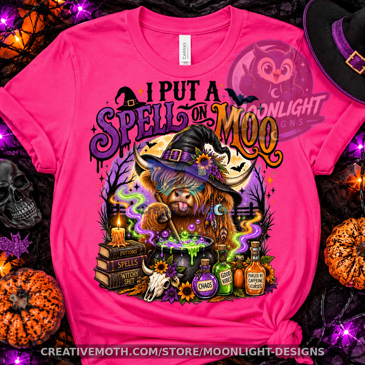 I Put a Spell on Moo PNG | Witch Highland Cow Halloween Sublimation Design | Spooky Cow PNG preview image