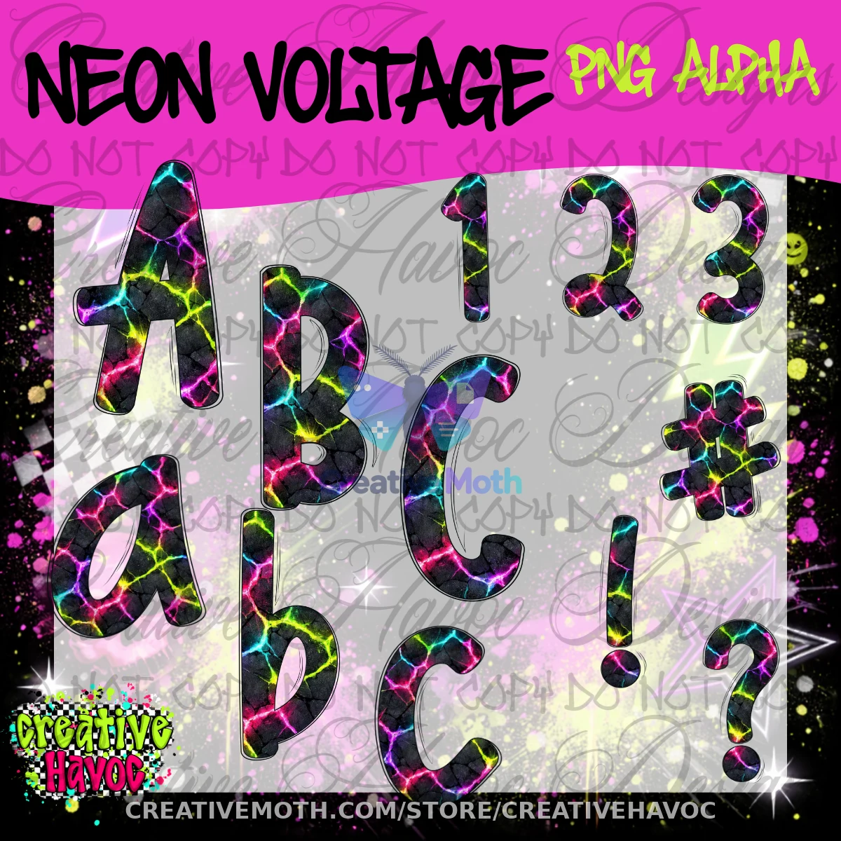 Neon Voltage PNG Alpha • 300 DPI Letter & Number Set preview image