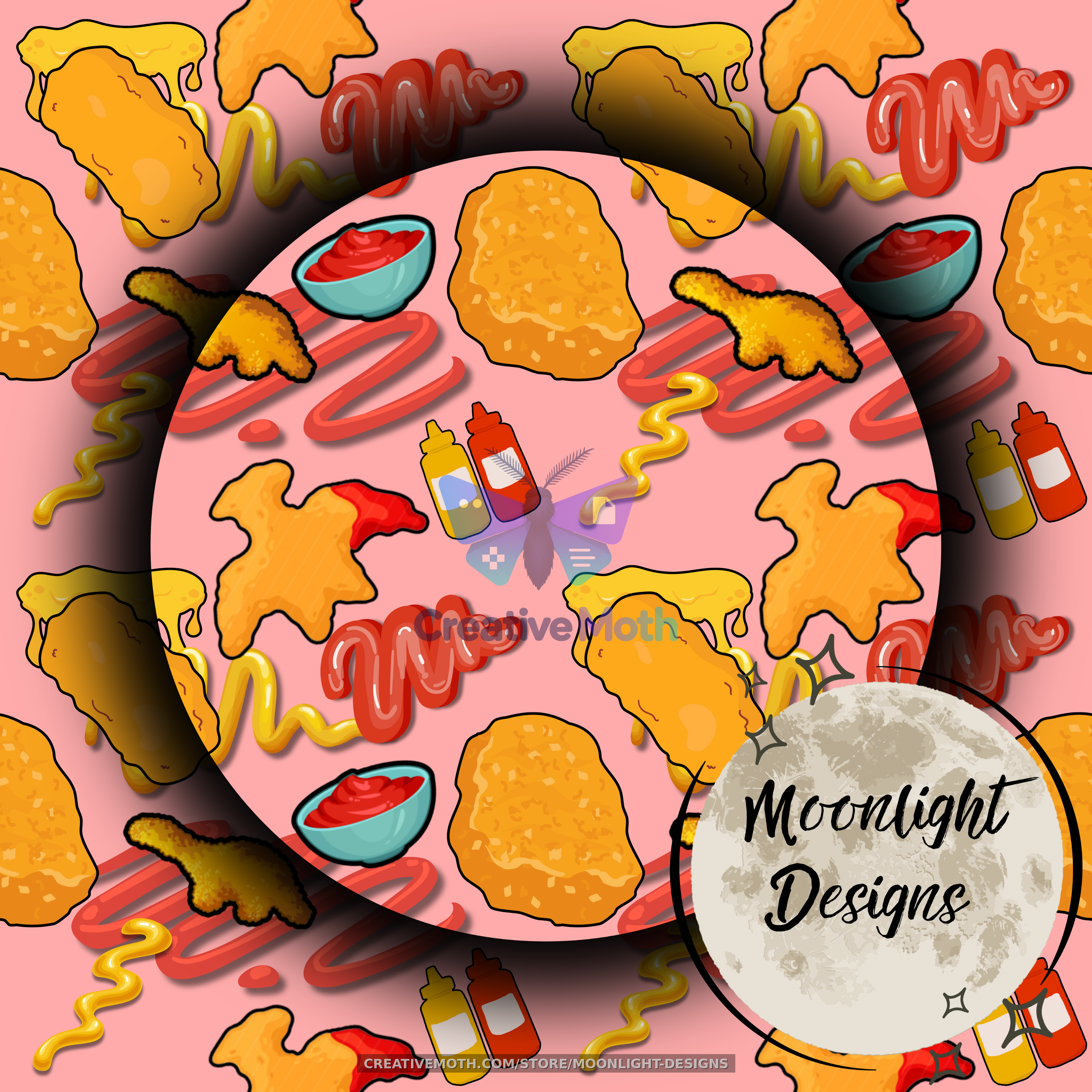Chicken Nugget Seamless Pattern PNG | Cute Fast Food Digital Paper | Nuggets, Fries, Ketchup & Mustard Seamless Background preview image