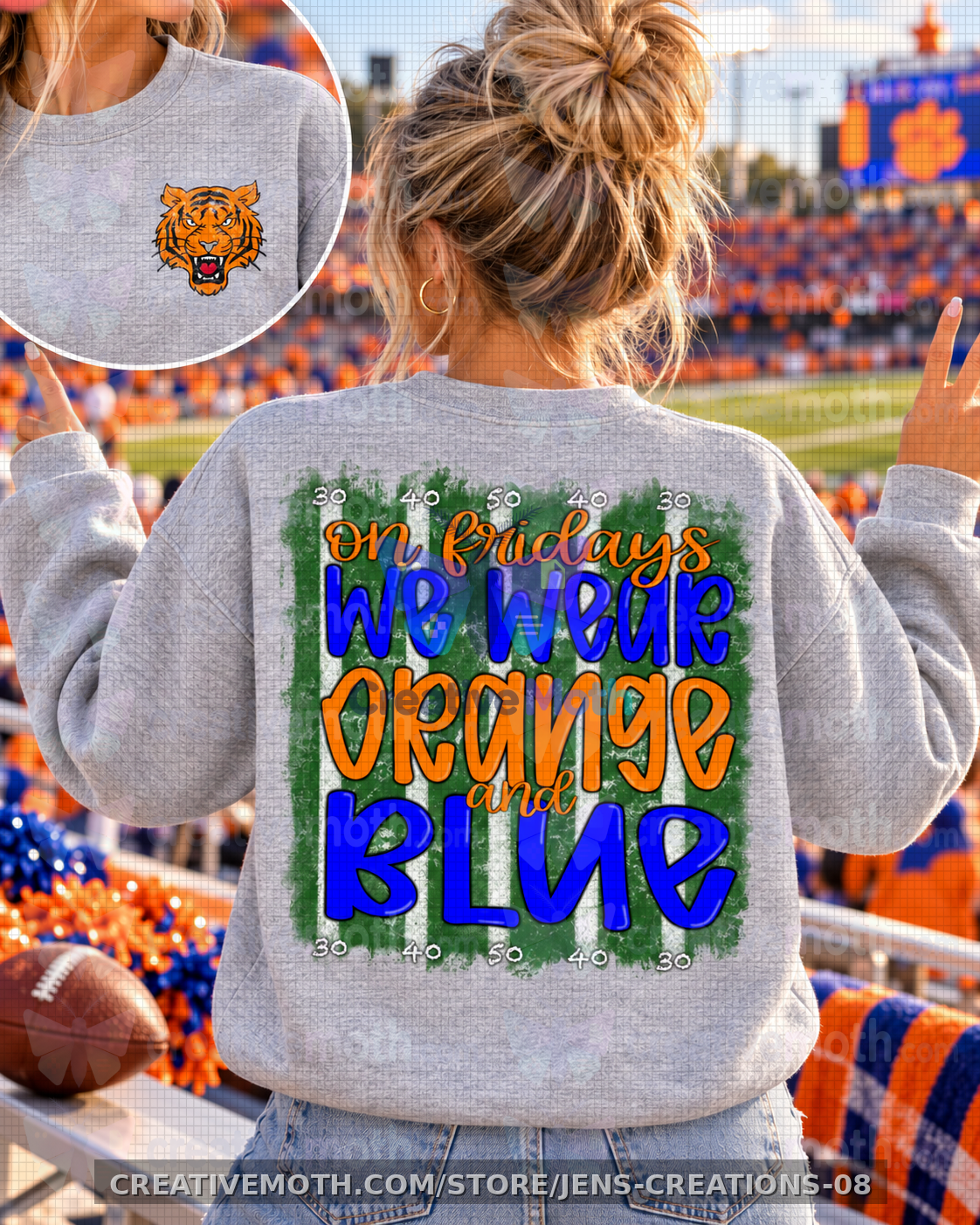 On Fridays We Wear Orange and Blue PNG | Tigers Football Game Day Shirt Design | Front and Back School Spirit DTF Digital Download preview image