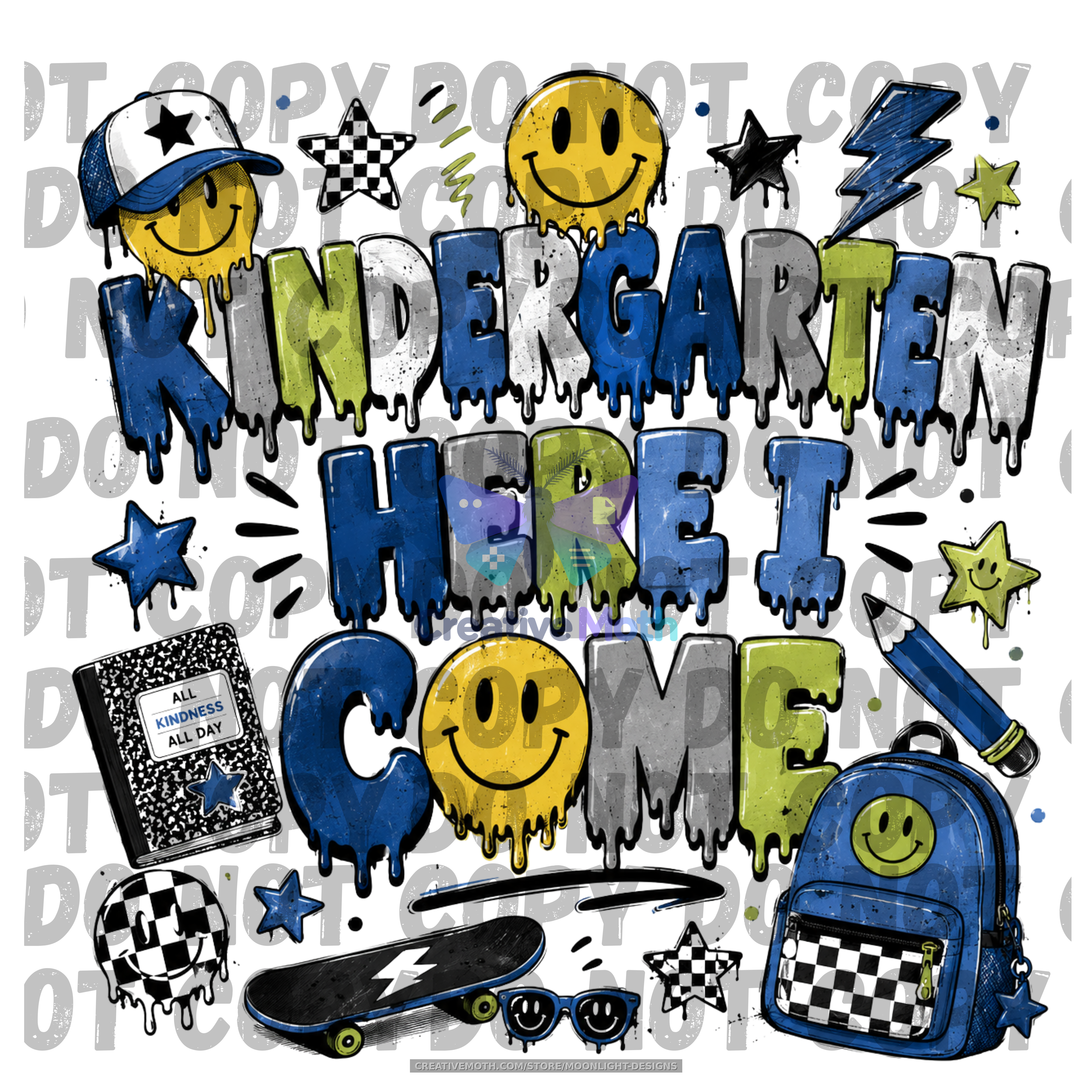 Kindergarten Here I Come PNG | First Day of School Sublimation Design | Retro Smiley School PNG | Digital Download preview image