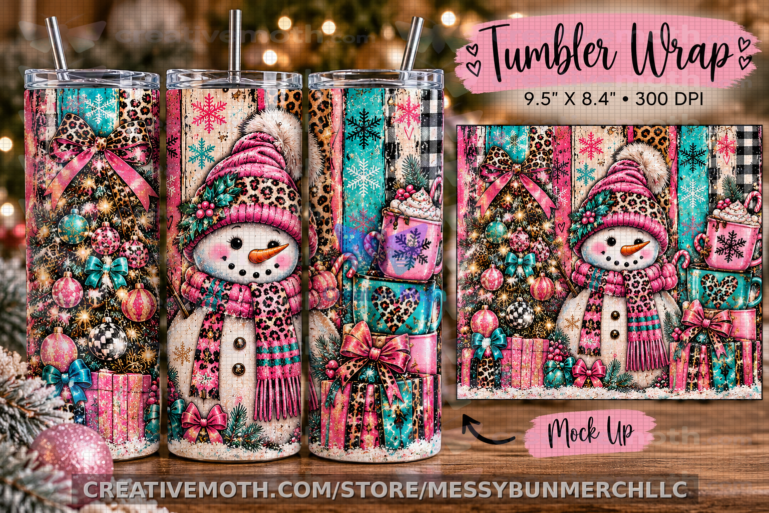 Pink Christmas Snowman Tumbler Wrap PNG | Leopard Print Christmas Tree | 20oz Skinny Tumbler Sublimation Design | Digital Download preview image