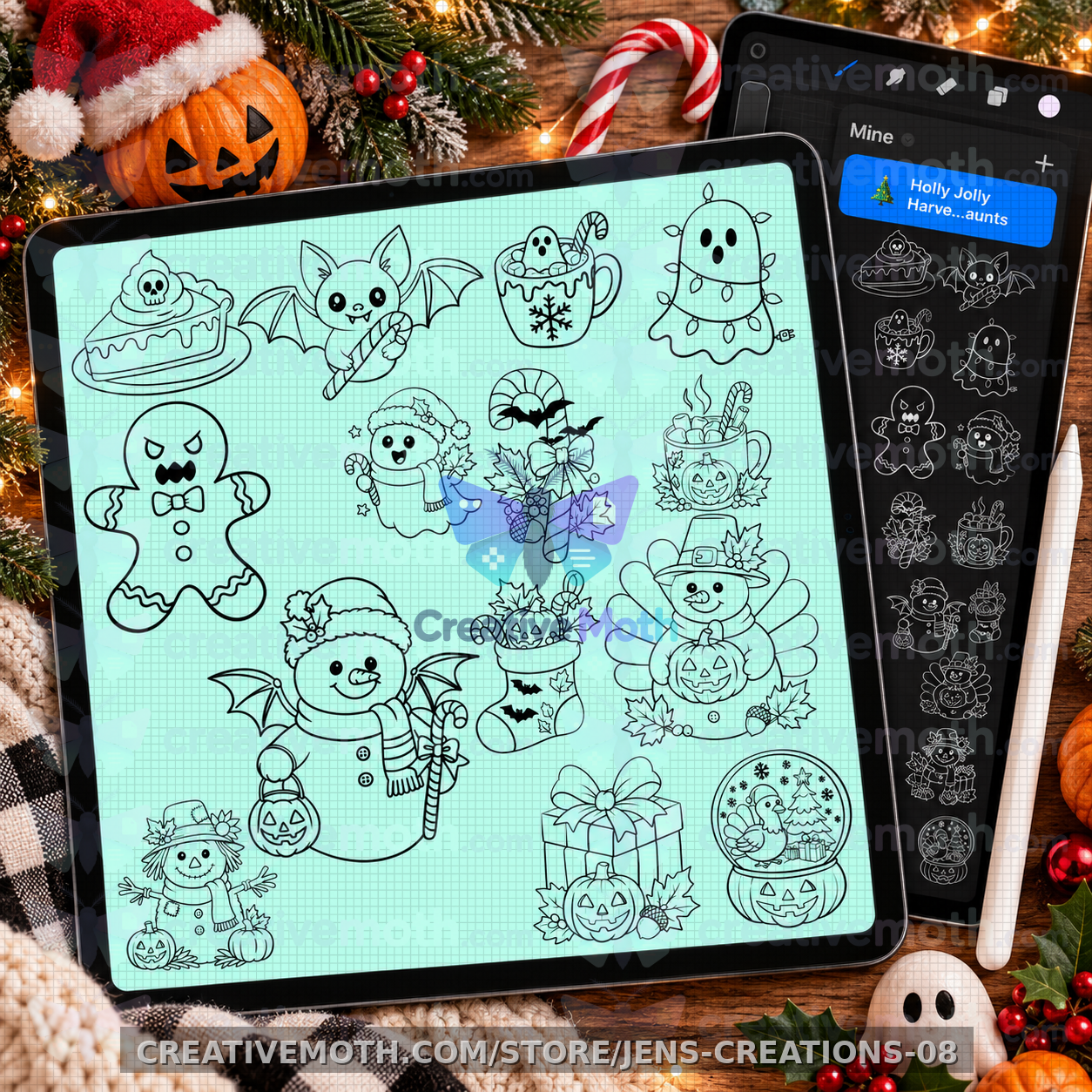 Holly Jolly Harvest | 14 Procreate Brush Stamps | Spooky Christmas & Halloween Clipart | Cute Holiday Digital Stamp Collection preview image