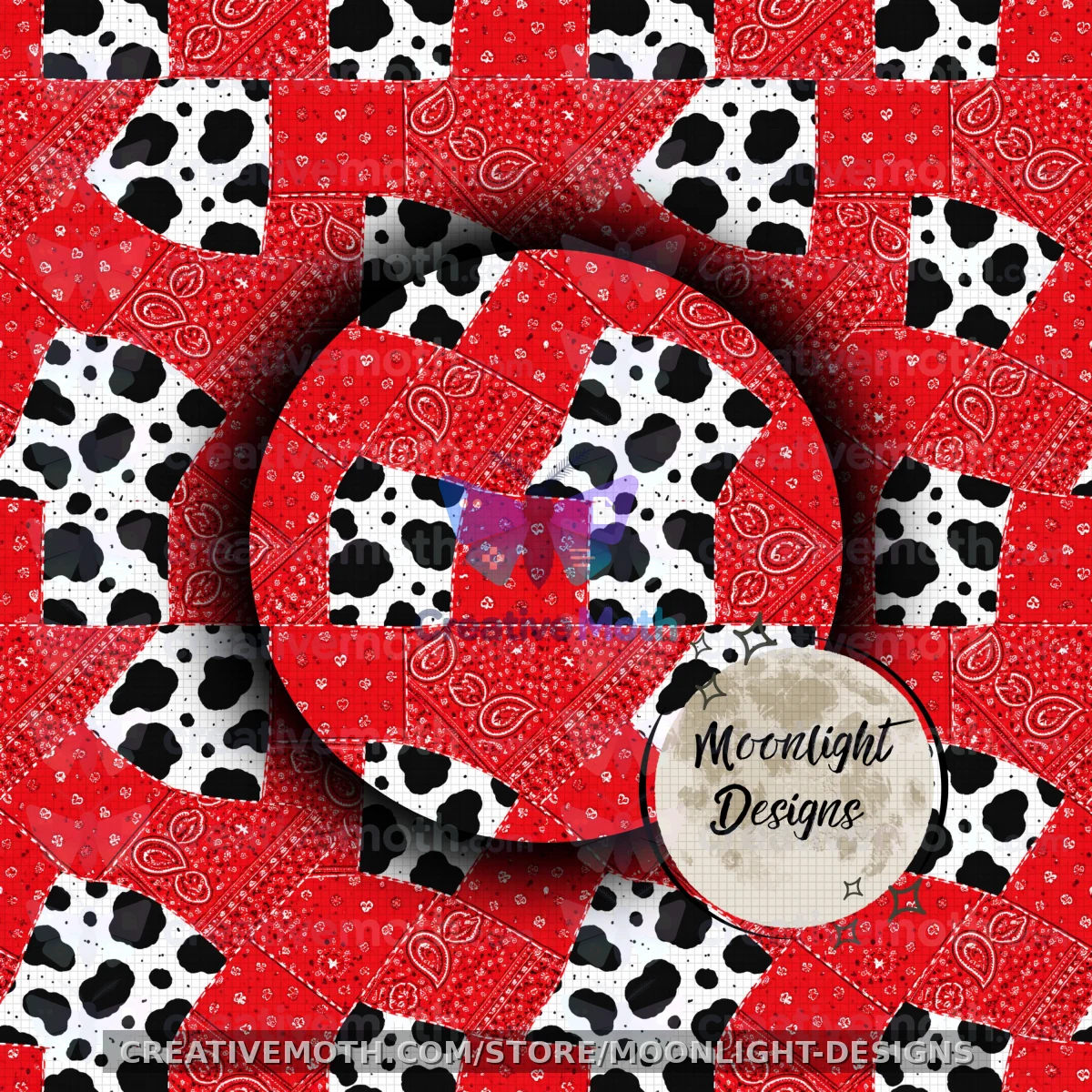 Red Bandana Cow Print Seamless Pattern PNG | Western Patchwork Cowgirl Digital Paper | Country Rodeo Fabric Design | Sublimation Wrap preview image