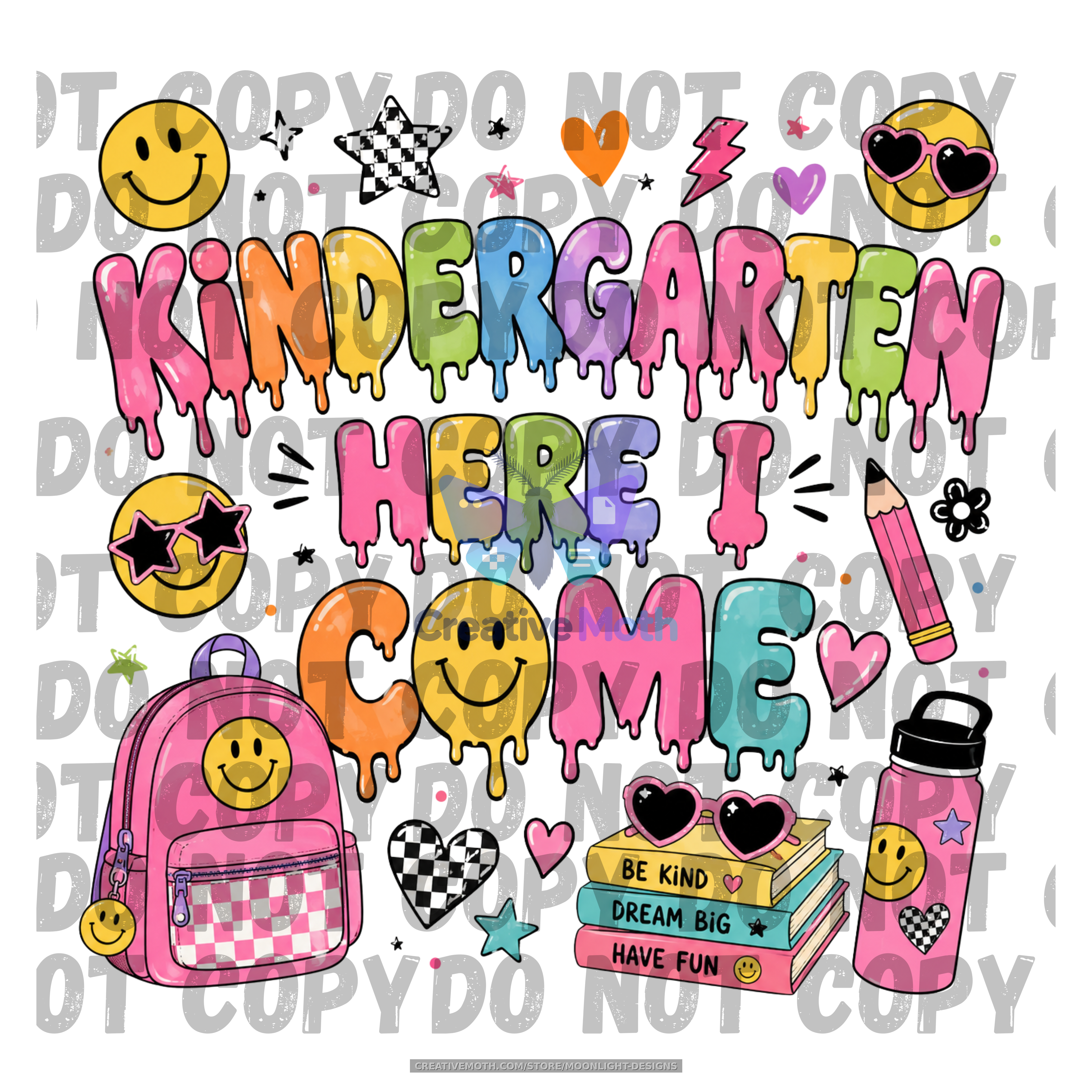 Kindergarten Here I Come PNG | Girly First Day of School Sublimation Design | Smiley Face School PNG | Retro Digital Download preview image