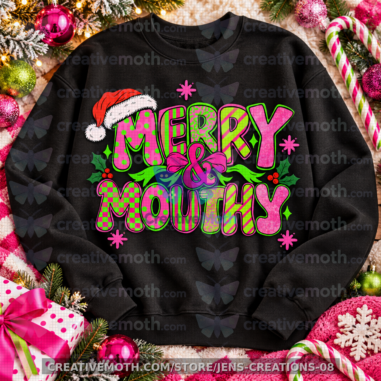 Merry & Mouthy PNG | Pink and Green Christmas Design | Girly Holiday Shirt PNG | Preppy Christmas DTF Sublimation Download preview image