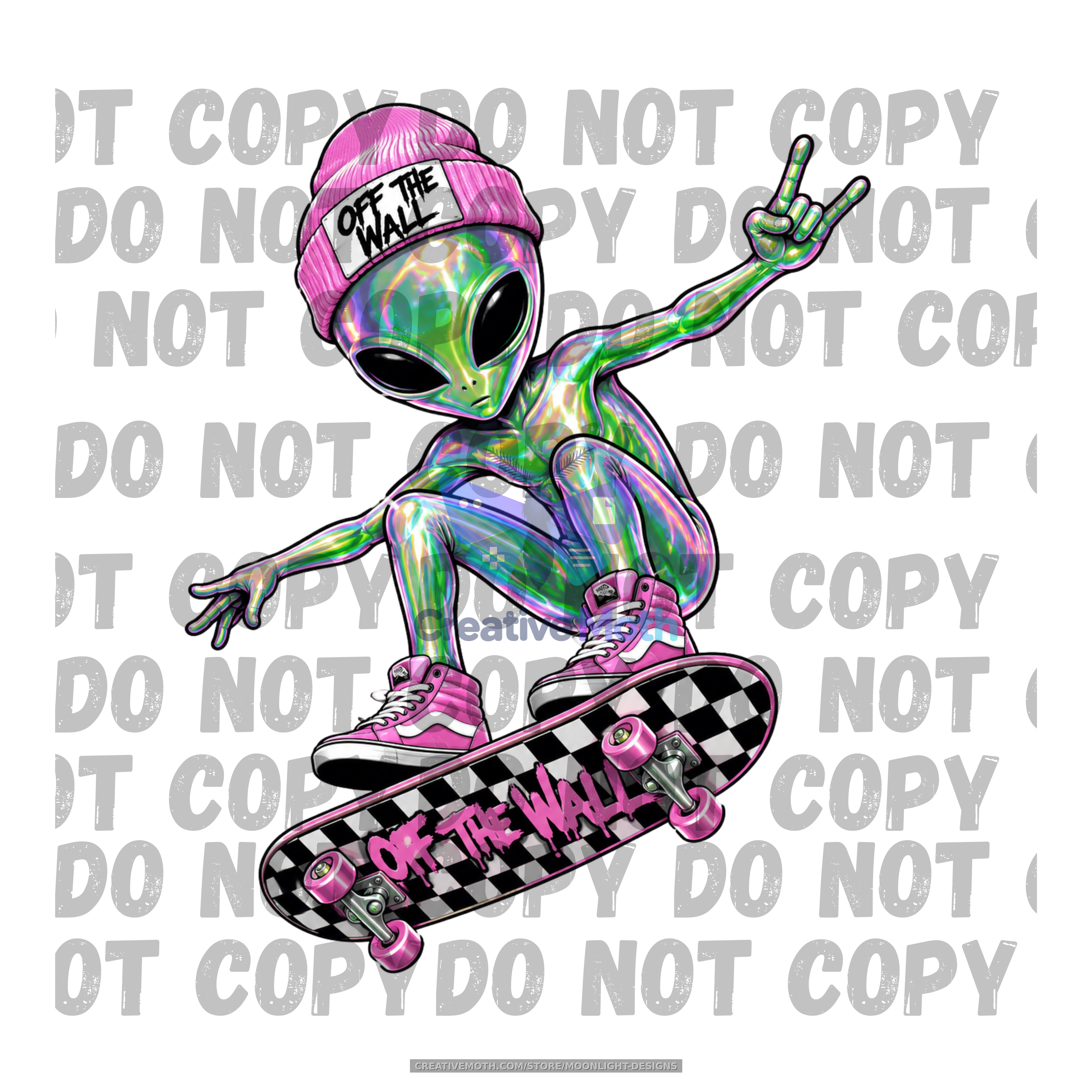 Holographic Alien Skateboard PNG | Off the Wall Alien Sublimation Design | Neon Skater Alien | Retro Skateboarding Digital Download preview image