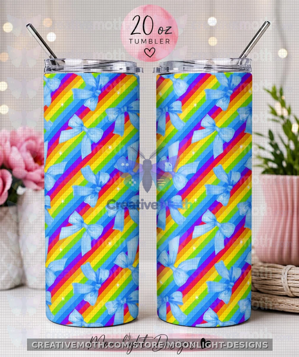 Rainbow Bow 20oz Tumbler Wrap PNG | Bright Boutique Tumbler Design | Colorful Bow Sublimation | Trendy Gift for Her preview image