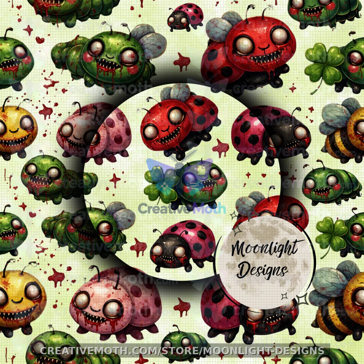 Creepy Lucky Bugs Seamless Pattern 12x12 | Gothic St Patricks Day Digital Paper | Horror Ladybug Clover Pattern | Dark Cute PNG Download preview image