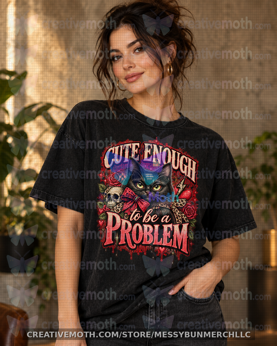 Cute Enough to Be a Problem PNG | Sassy Black Cat Gothic Tattoo Design | DTF Sublimation Download preview image