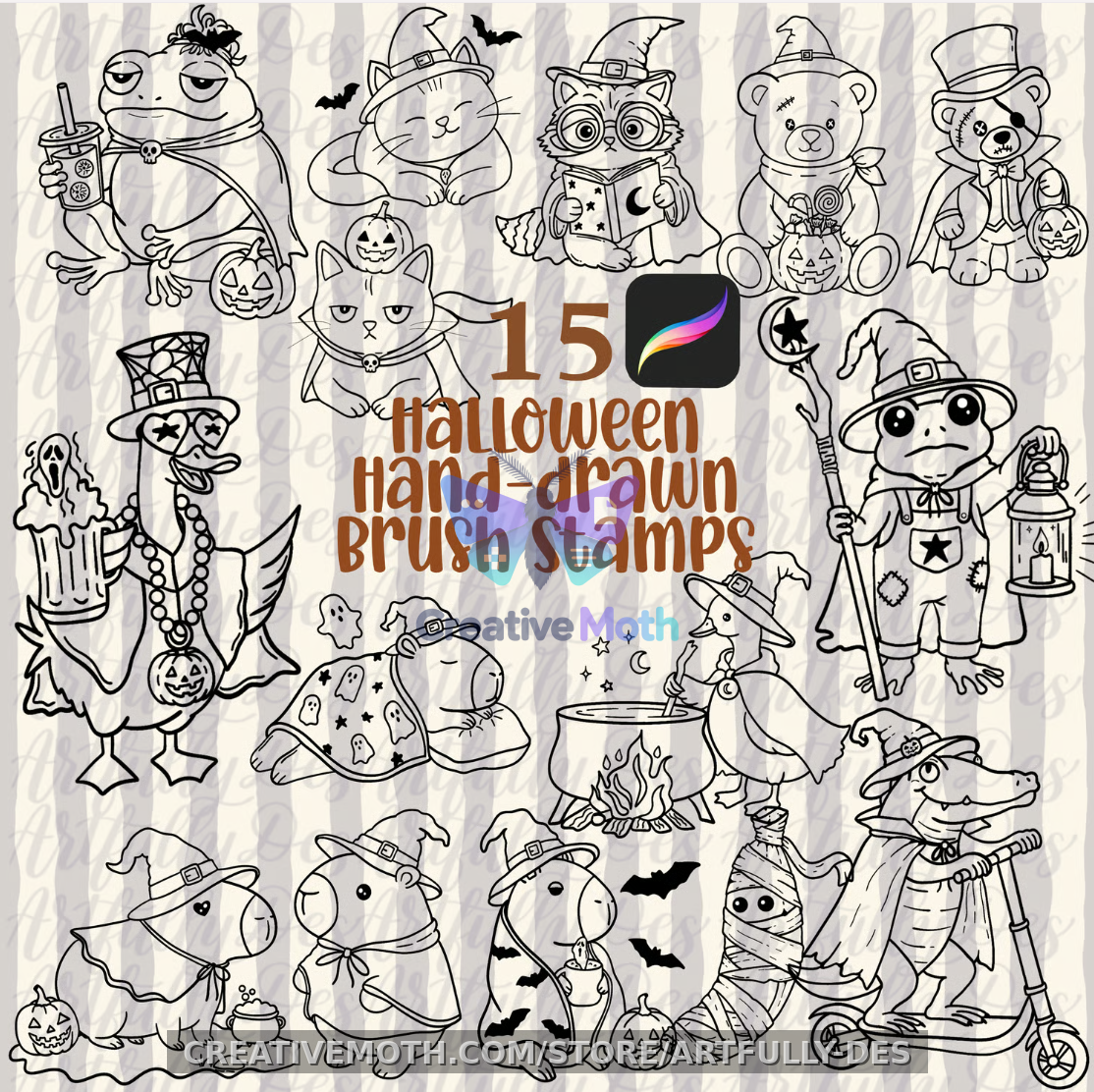 Halloween Animals Procreate Brush Stamp Capybara Frog Goose Gator Bear Raccoon preview image