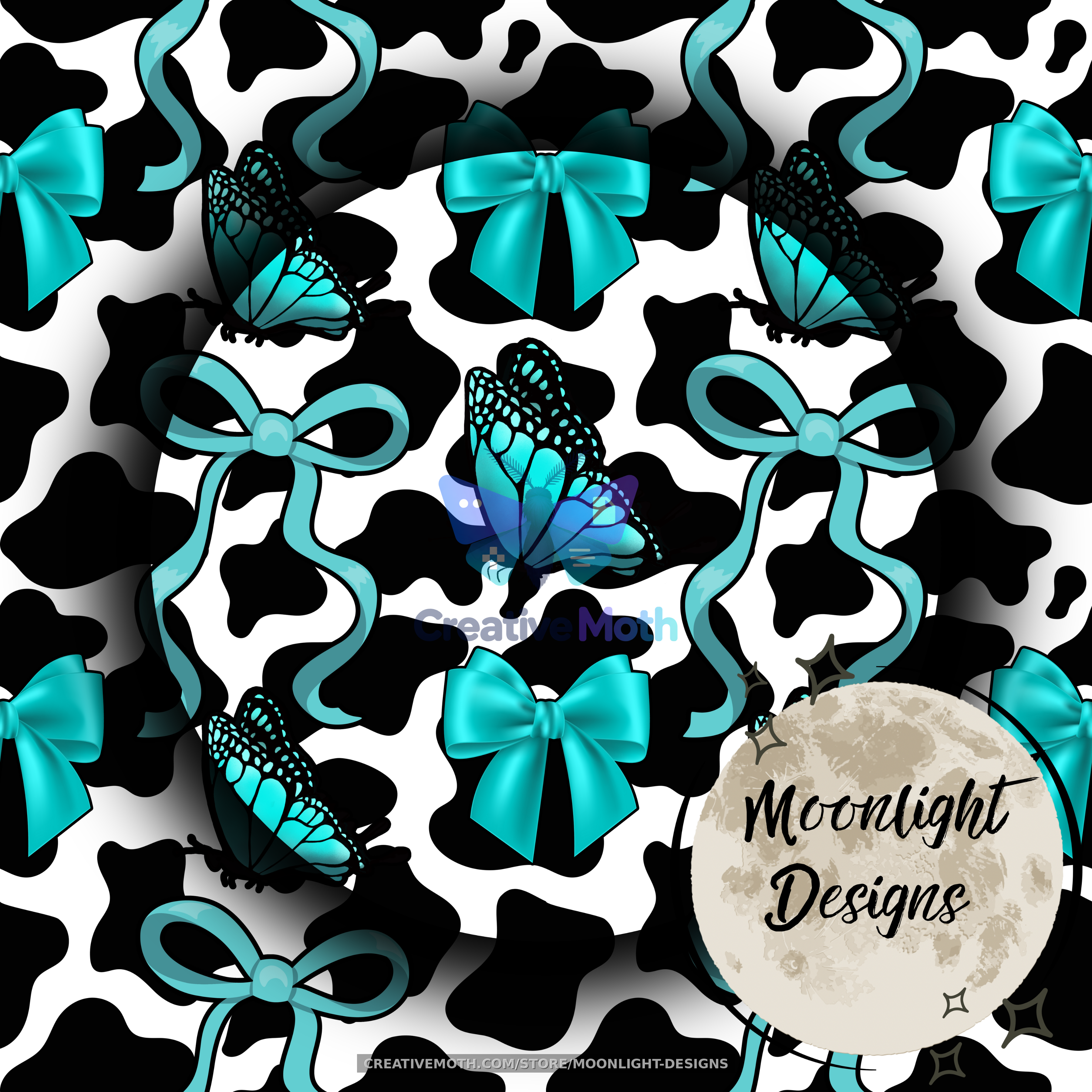 Turquoise Cow Print Seamless Pattern PNG | Butterfly & Bow Digital Paper | Western Coquette Seamless Background preview image