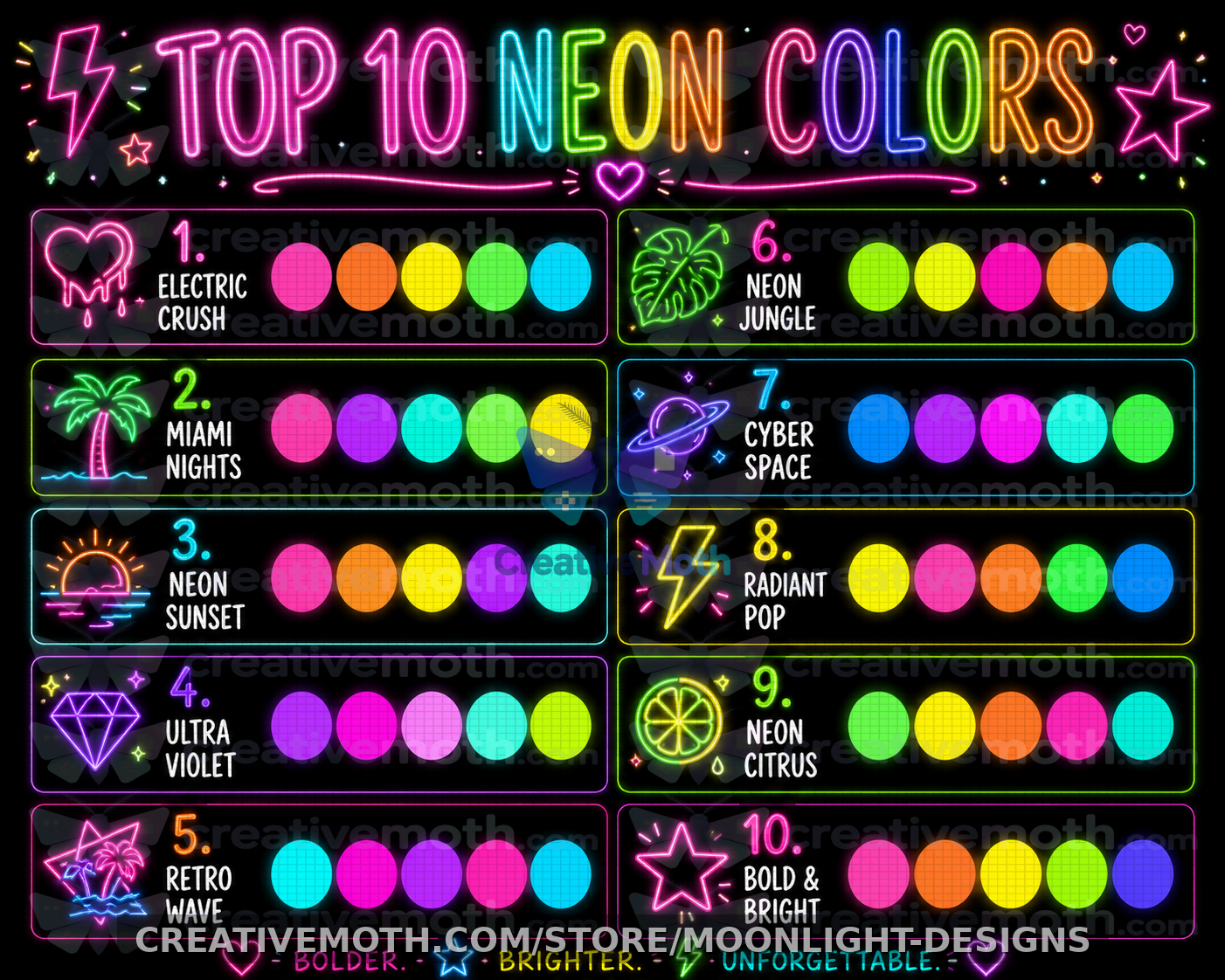 Top 10 Neon Color Palettes | Bright Color Combination Chart | Neon Rainbow Color Inspiration | Digital Design Color Guide preview image