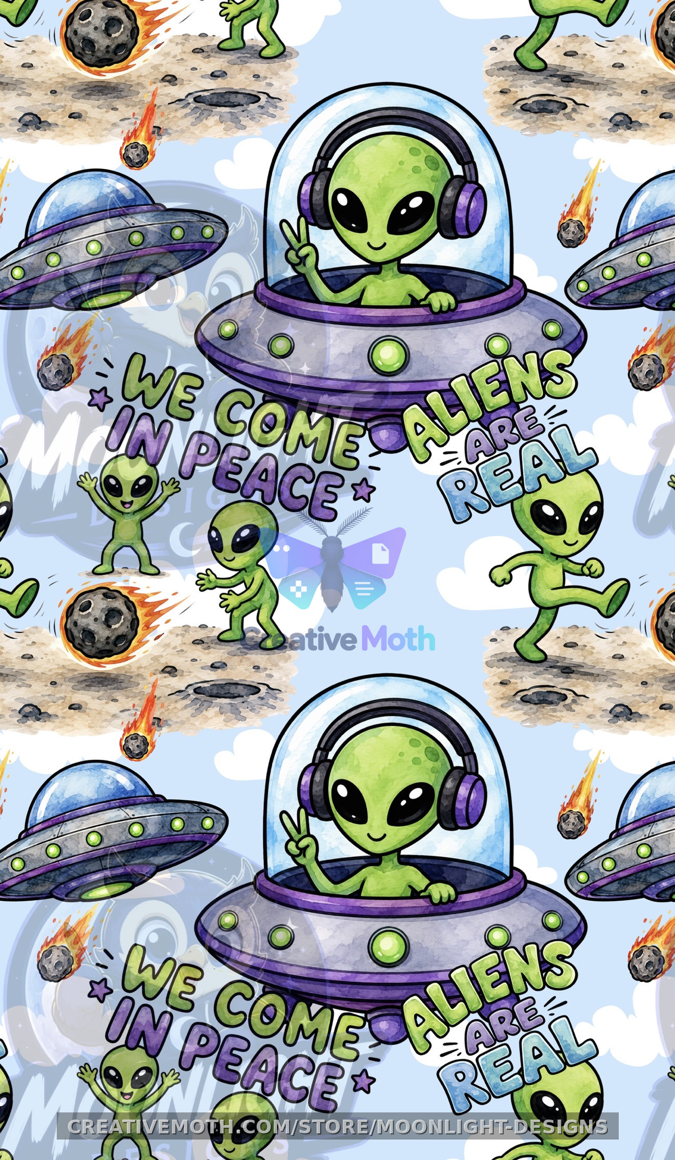 Cute Alien Clipart Bundle PNG | Watercolor Space Aliens, UFO, “We Come in Peace”, Aliens Are Real | Sublimation & Sticker Design preview image