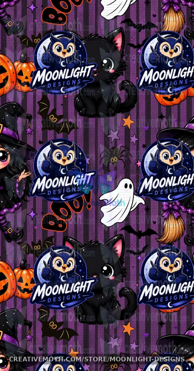 Cute Halloween Witch Seamless Pattern | Spooky Kawaii Digital Paper | Black Cat & Pumpkin Seamless PNG | 300 DPI preview image