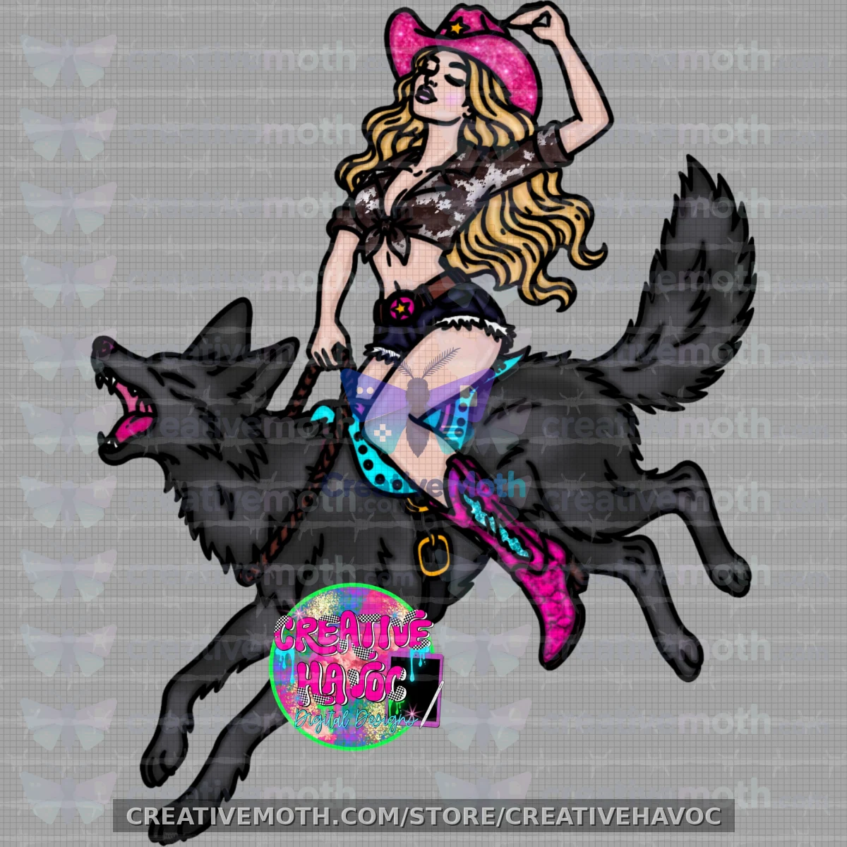 Western Cowgirl Wolf Clipart PNG, Pink Turquoise Digital Download preview image