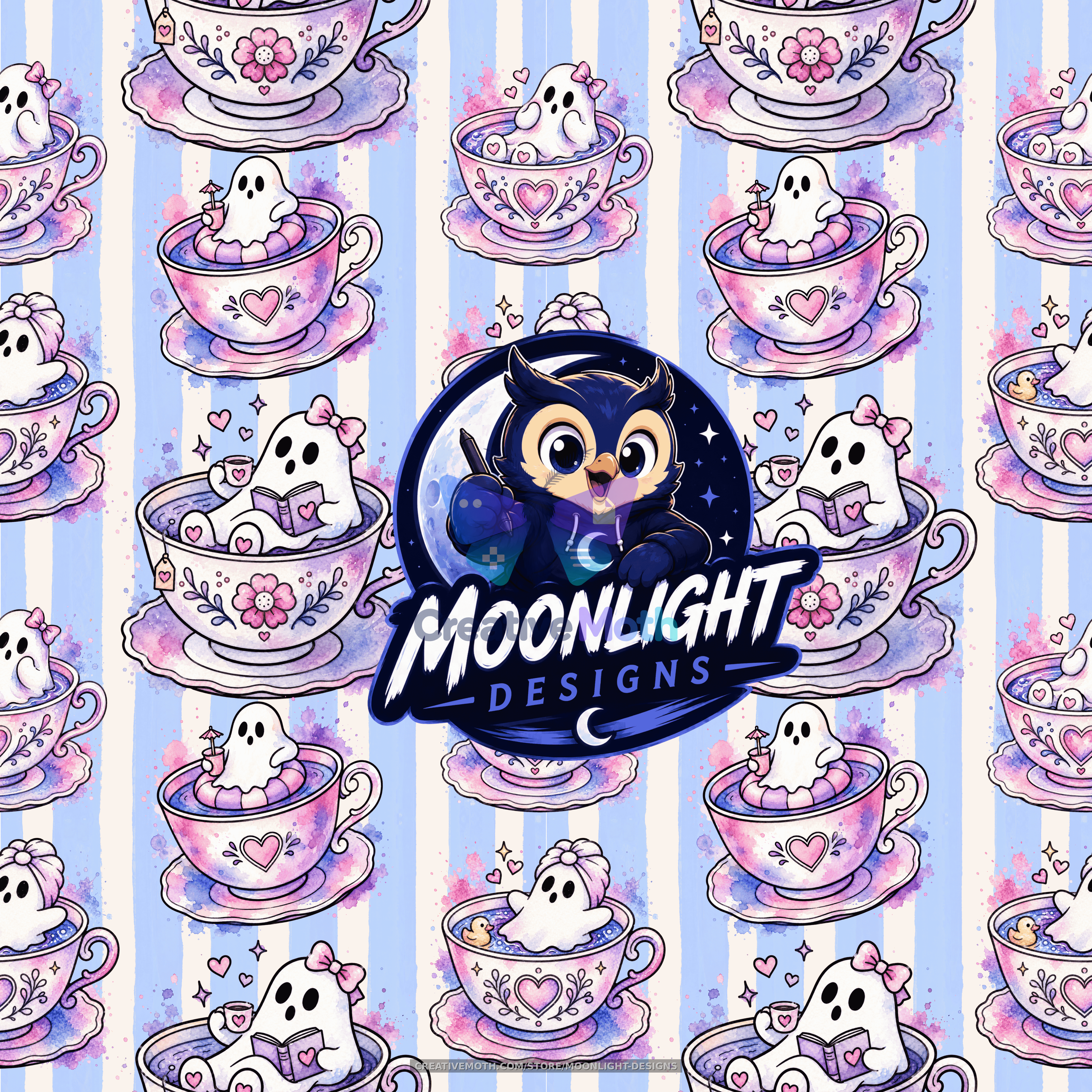 Cute Ghost Teacup Seamless Pattern PNG | Pastel Halloween Digital Paper | Spooky Cute Sublimation Design | Ghost Tea Party preview image