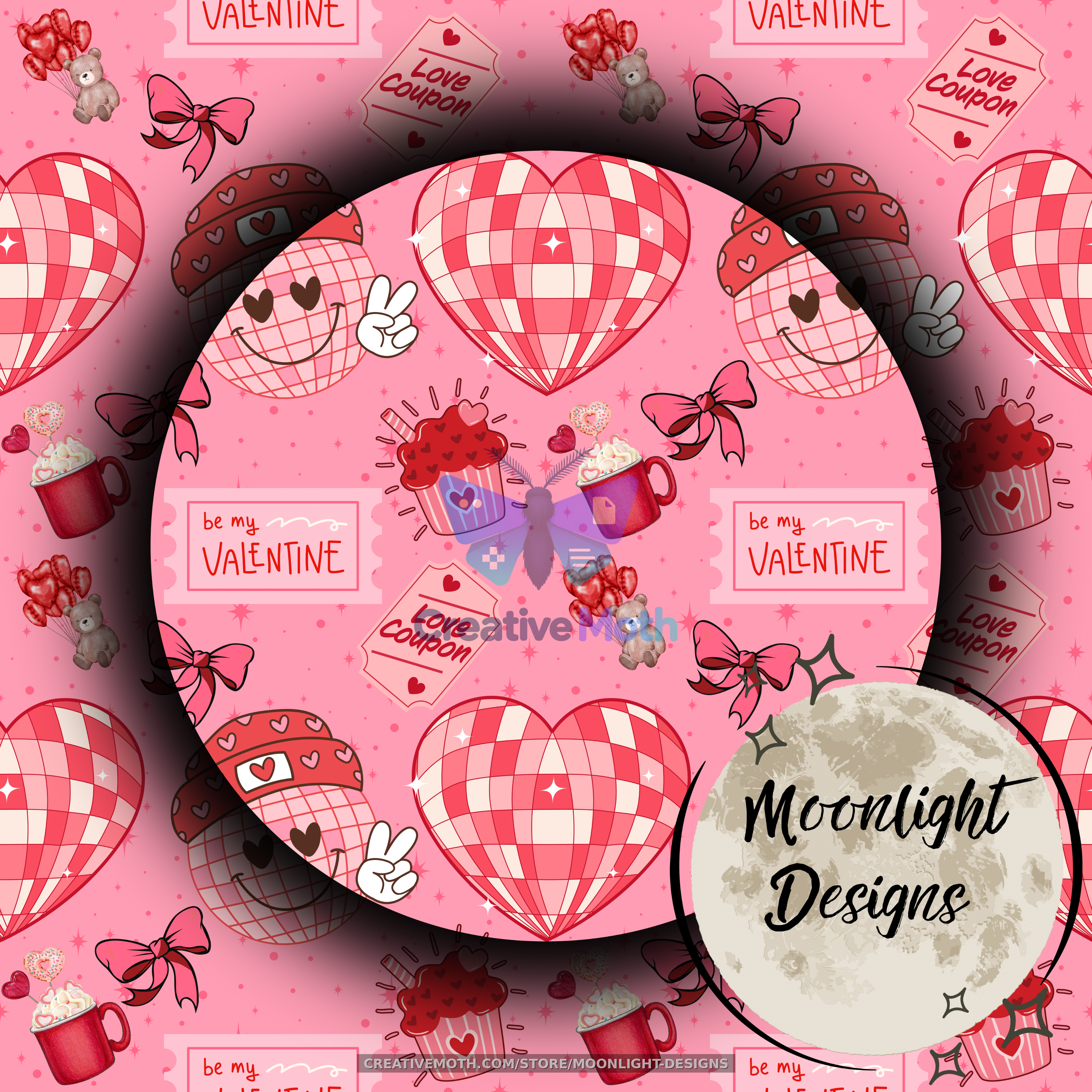 Cute Valentine Seamless Pattern PNG | Coquette Valentine’s Day Digital Paper | Pink Hearts, Bows & Love Seamless Background preview image