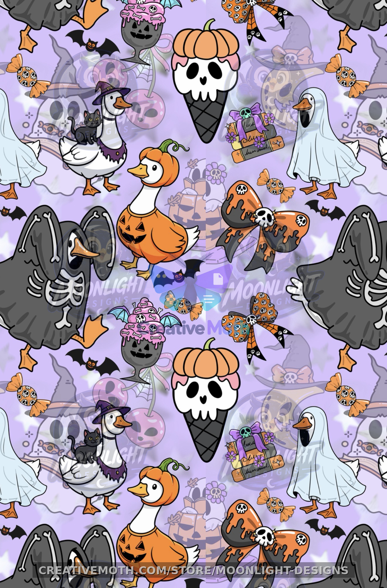Spooky Goose Halloween Seamless Pattern | Cute Ghost & Pumpkin Geese Digital Paper | Pastel Halloween Fabric Print | Commercial Use PNG preview image