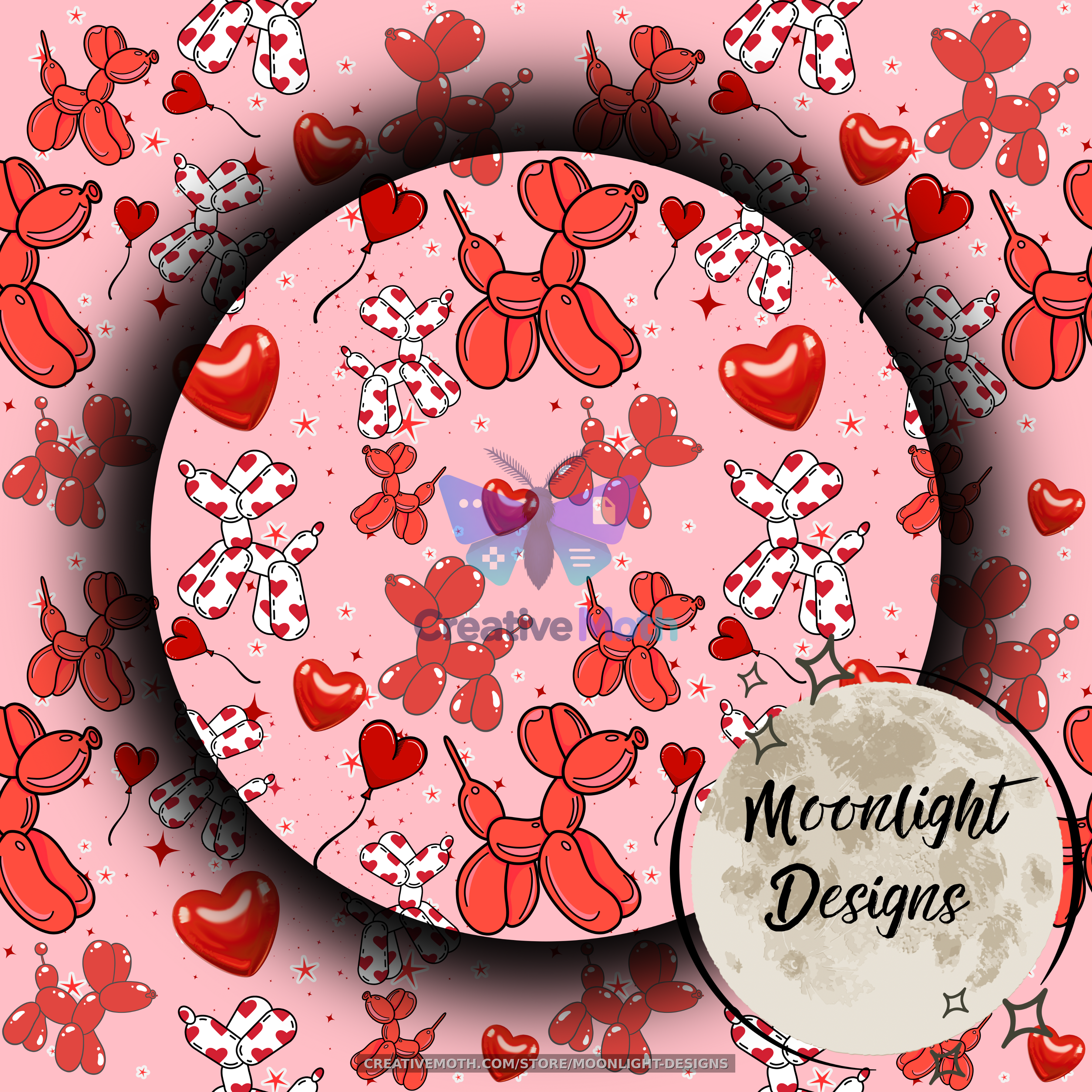 Valentine Balloon Dog Seamless Pattern PNG | Cute Coquette Valentine’s Digital Paper | Heart Balloon Dogs & Love Seamless Background preview image