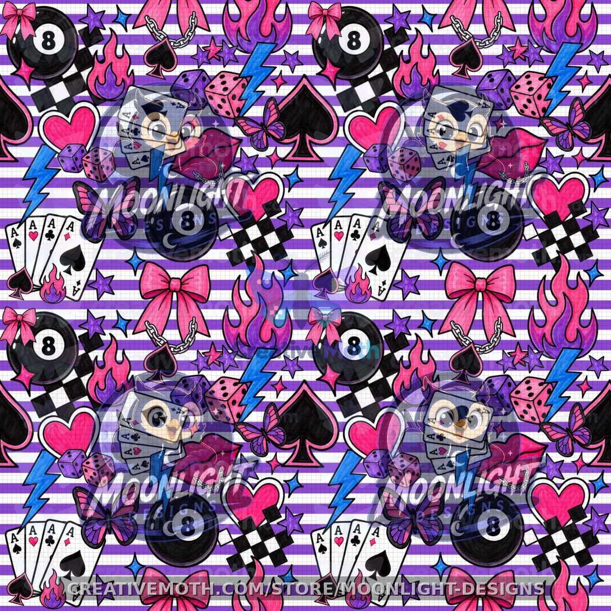 Preppy Coquette Seamless Pattern PNG | Pink Purple 8 Ball, Playing Cards, Dice, Flames, Hearts | Retro Y2K Digital Paper | 20oz Tumbler Wrap preview image