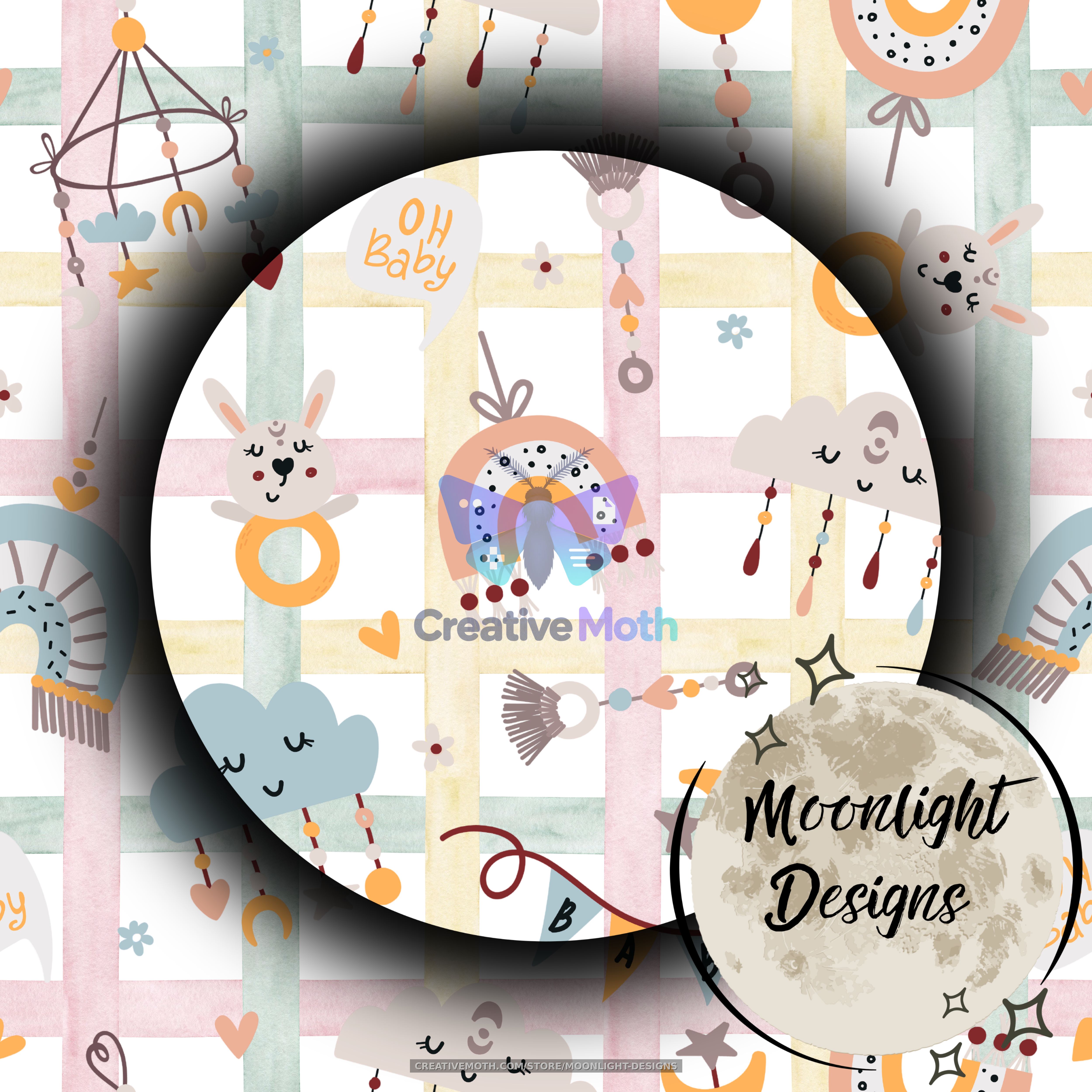 Boho Baby Seamless Pattern PNG | Neutral Rainbow Nursery Digital Paper | Bunny, Clouds & Baby Shower Seamless Background preview image