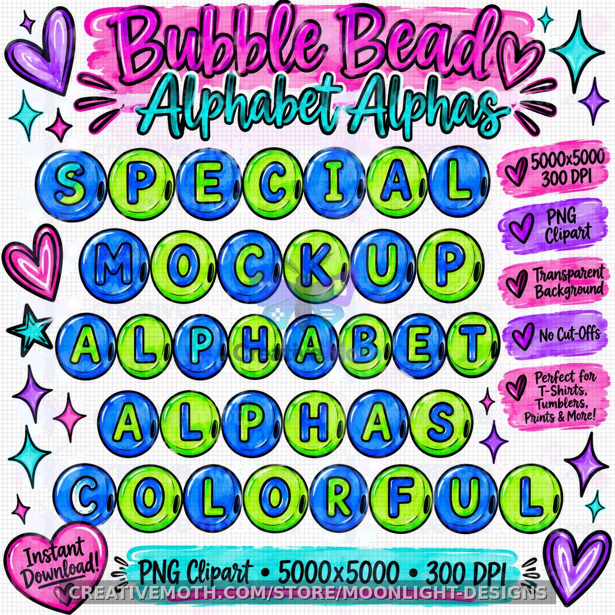 Bubble Bead Alphabet OFT | Neon Blue & Green Letter Clipart | Digital Download preview image