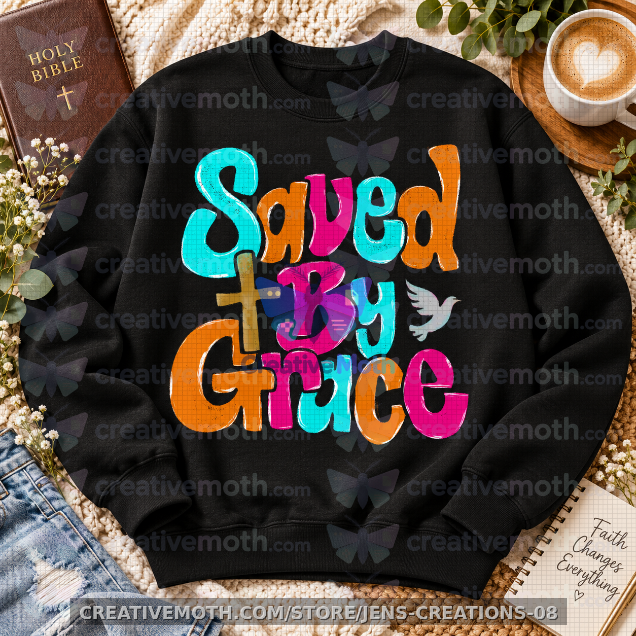 Saved by Grace PNG | Colorful Christian Faith Design | Jesus Cross Dove PNG | Inspirational Christian Shirt | DTF Sublimation Digital Download preview image