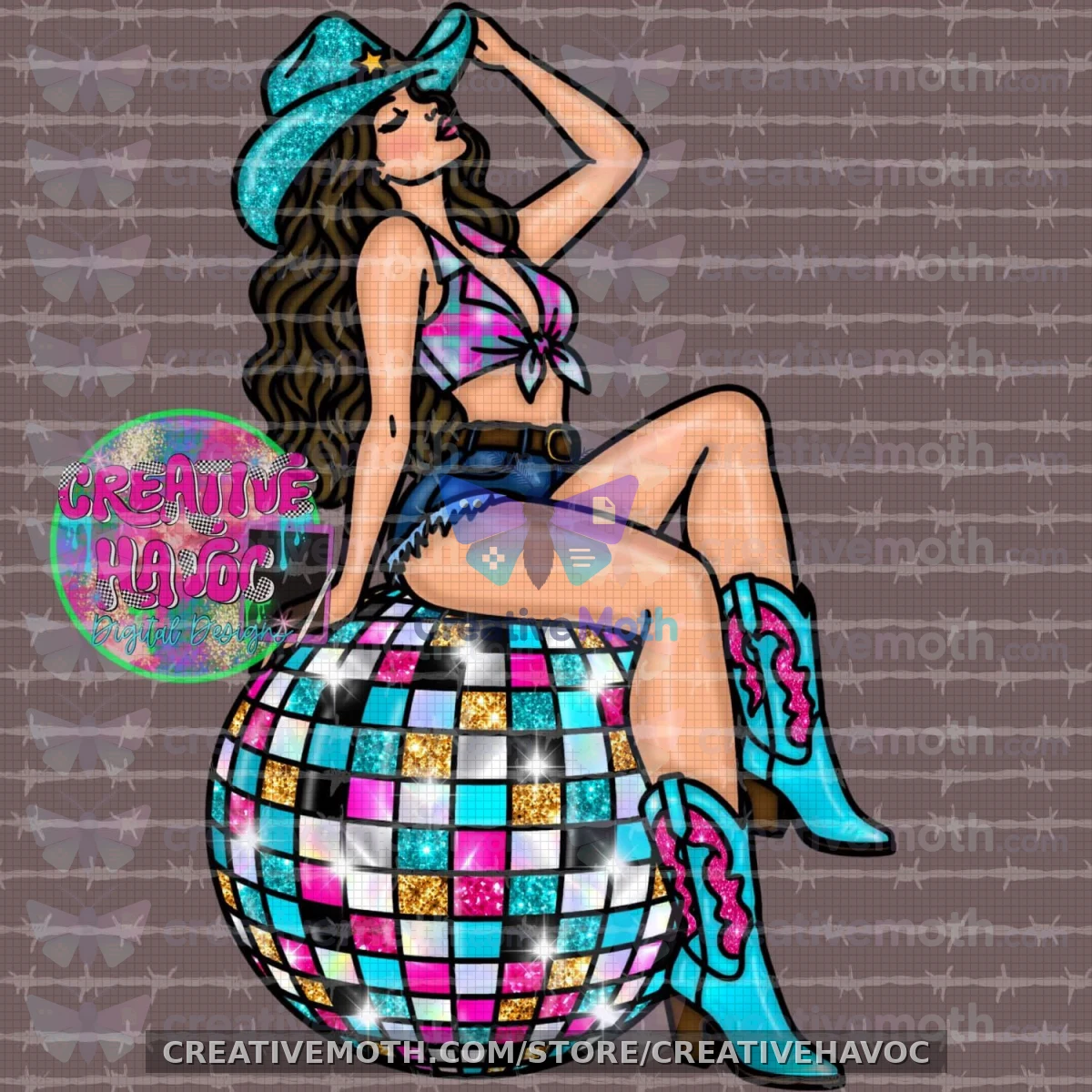 Western Cowgirl Disco Ball Clipart PNG, Pink Turquoise Digital Download preview image
