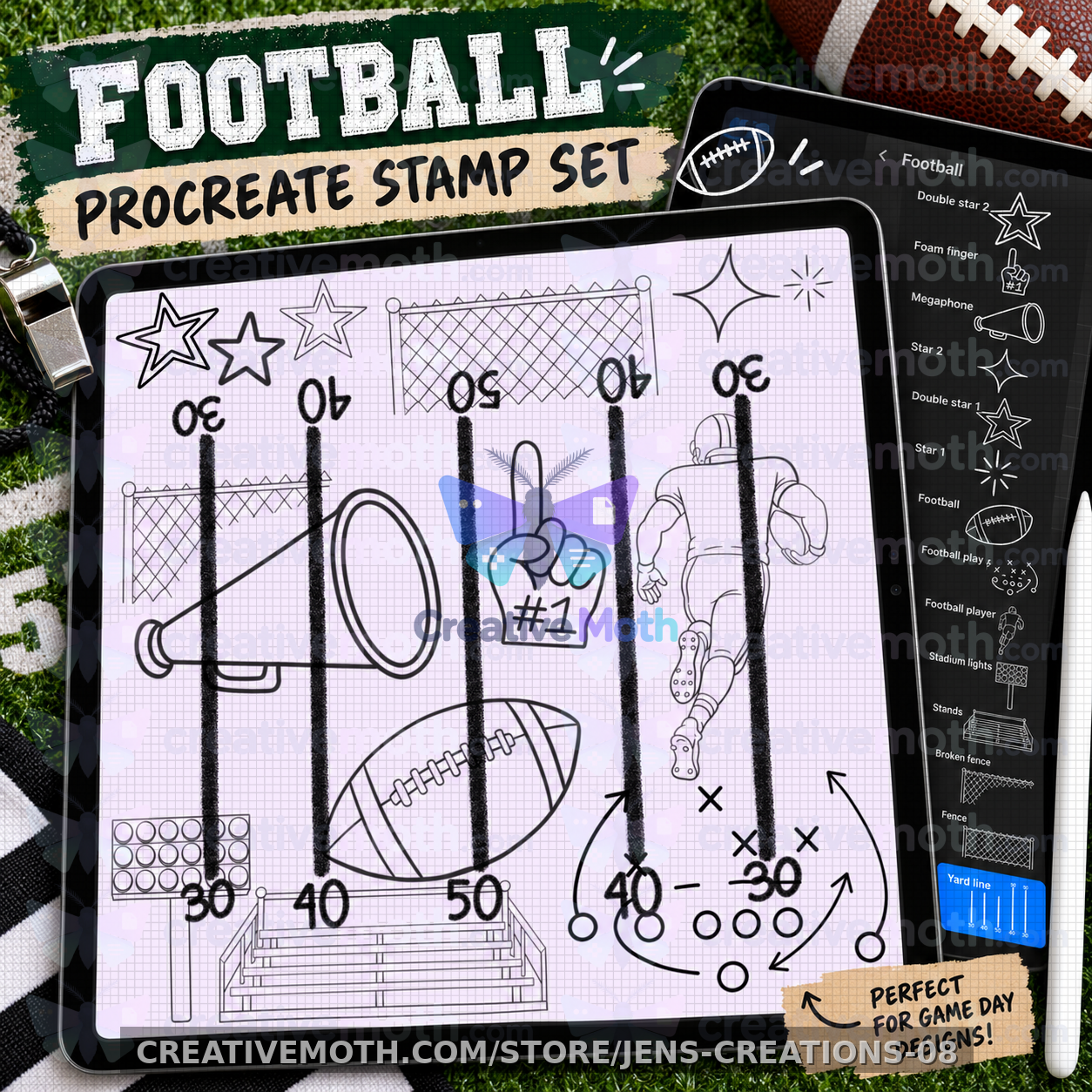 Football Procreate Stamps | 13 Game Day Brush Stamps | Friday Night Lights Football Clipart | School Spirit Digital Brush Set preview image