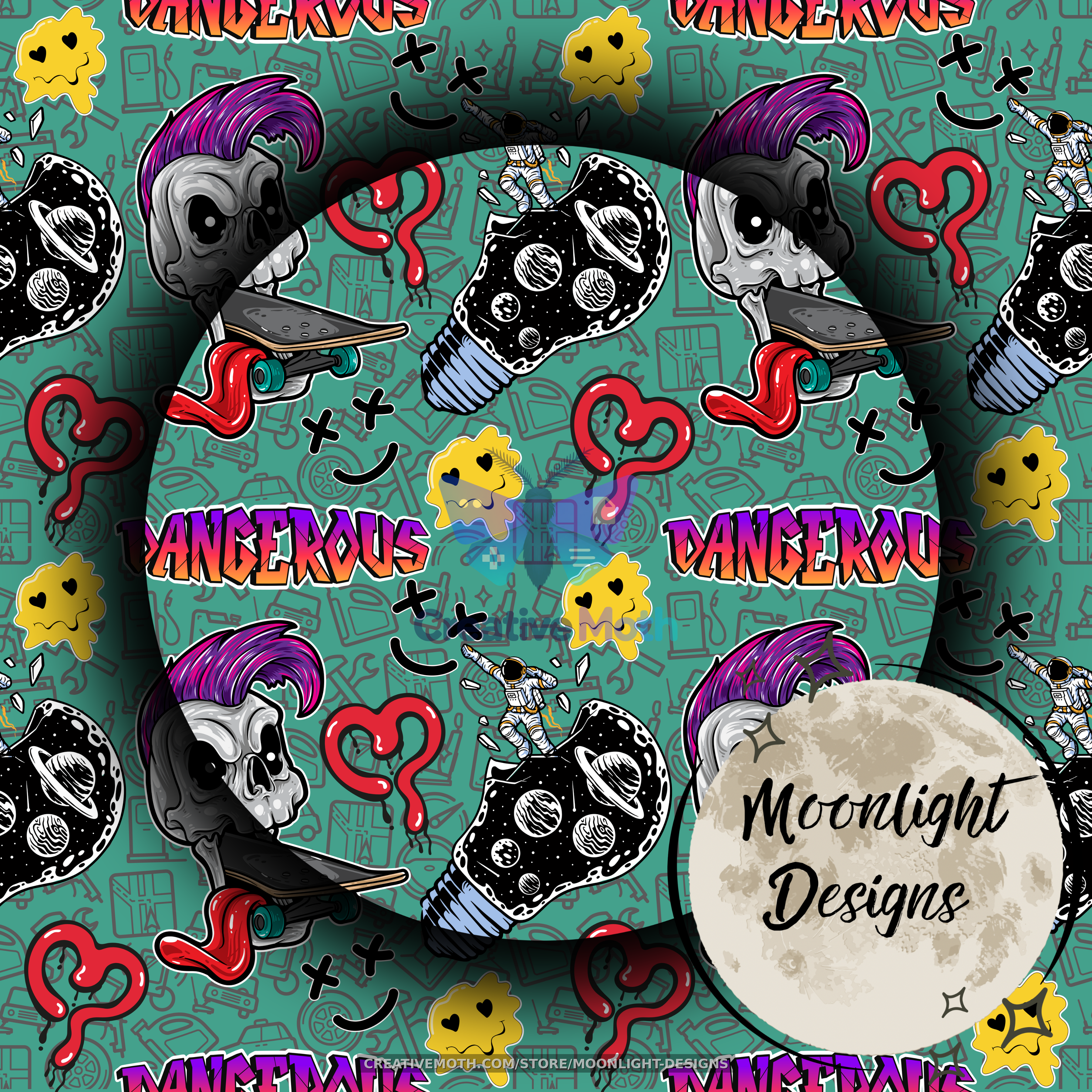 Dangerous Punk Seamless Pattern PNG | Skull, Skateboard & Space Grunge Digital Paper | Alternative Seamless Background preview image