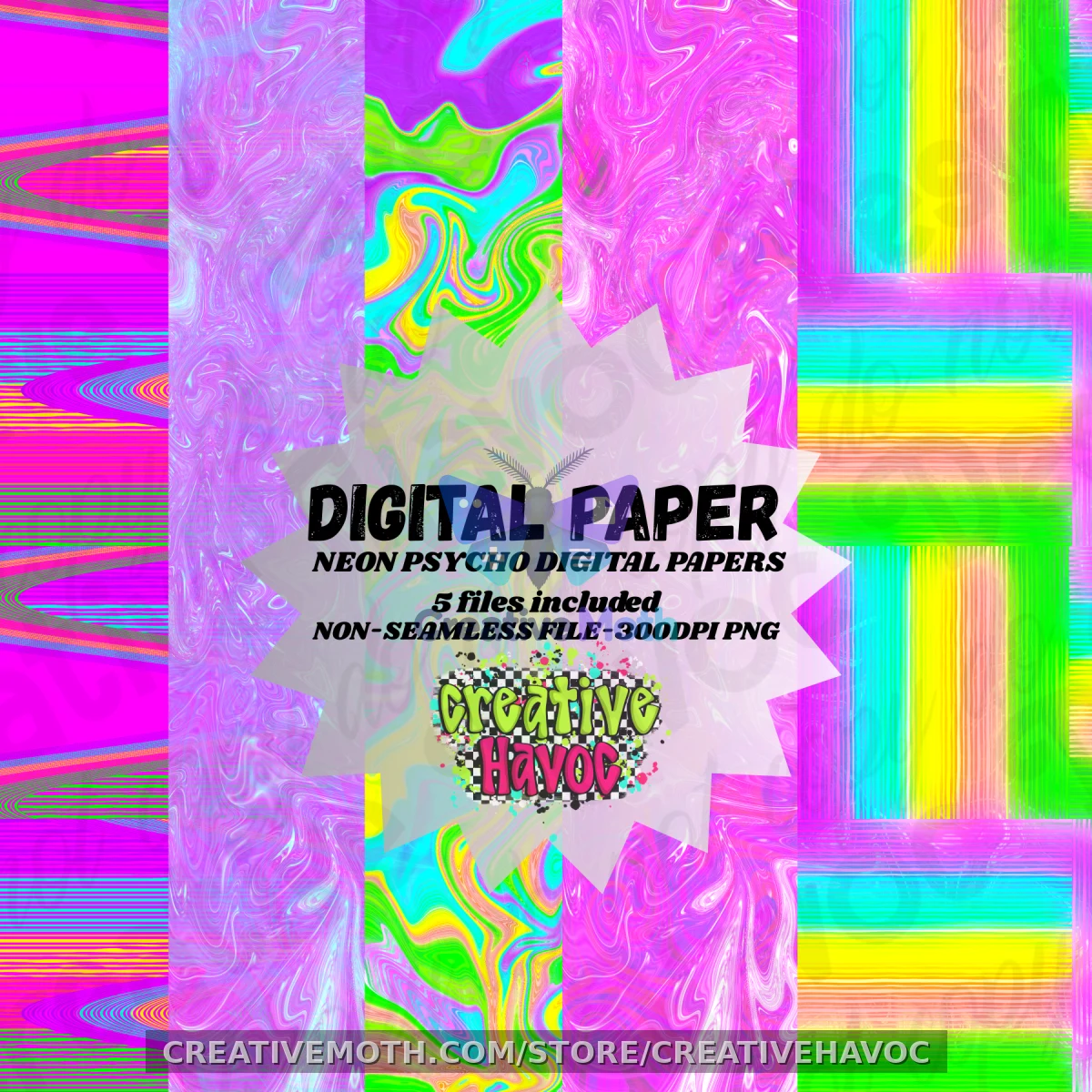 Neon Psycho – Digital Paper Pack (5 PNG Files, 300 DPI) preview image