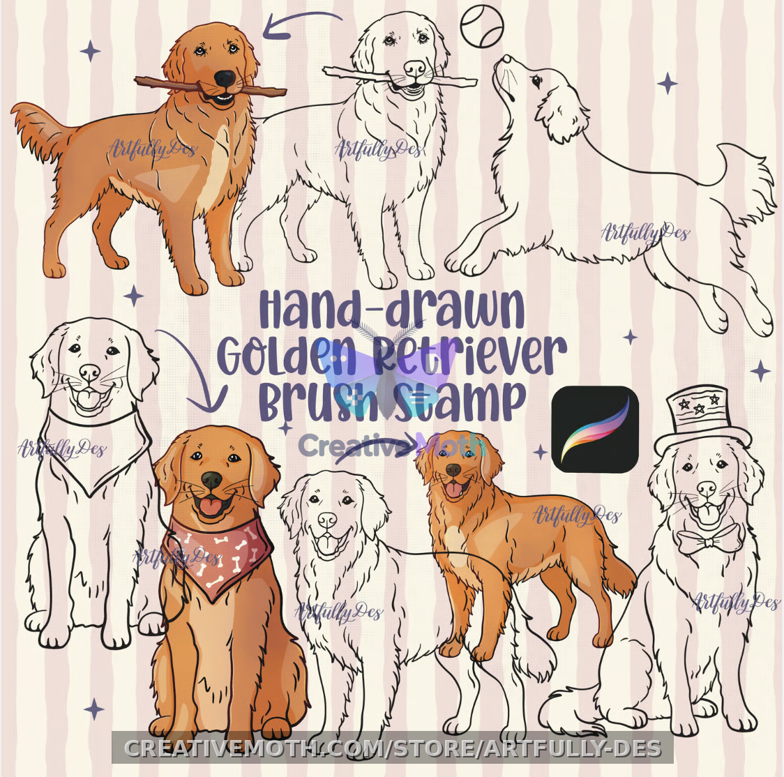 Cats and Dogs Procreate Brush Stamp Golden Retriever Dachshund preview image