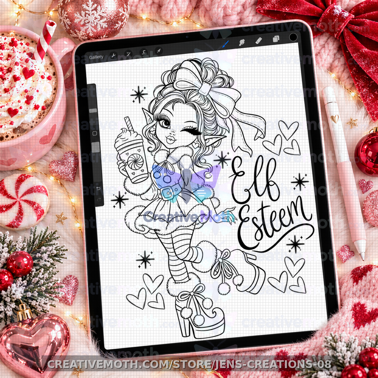 Elf Esteem Christmas Outline PNG | Sassy Girl Elf Digital Design | Cute Christmas Coloring Art | Holiday DTF Shirt Design | Digital Download preview image