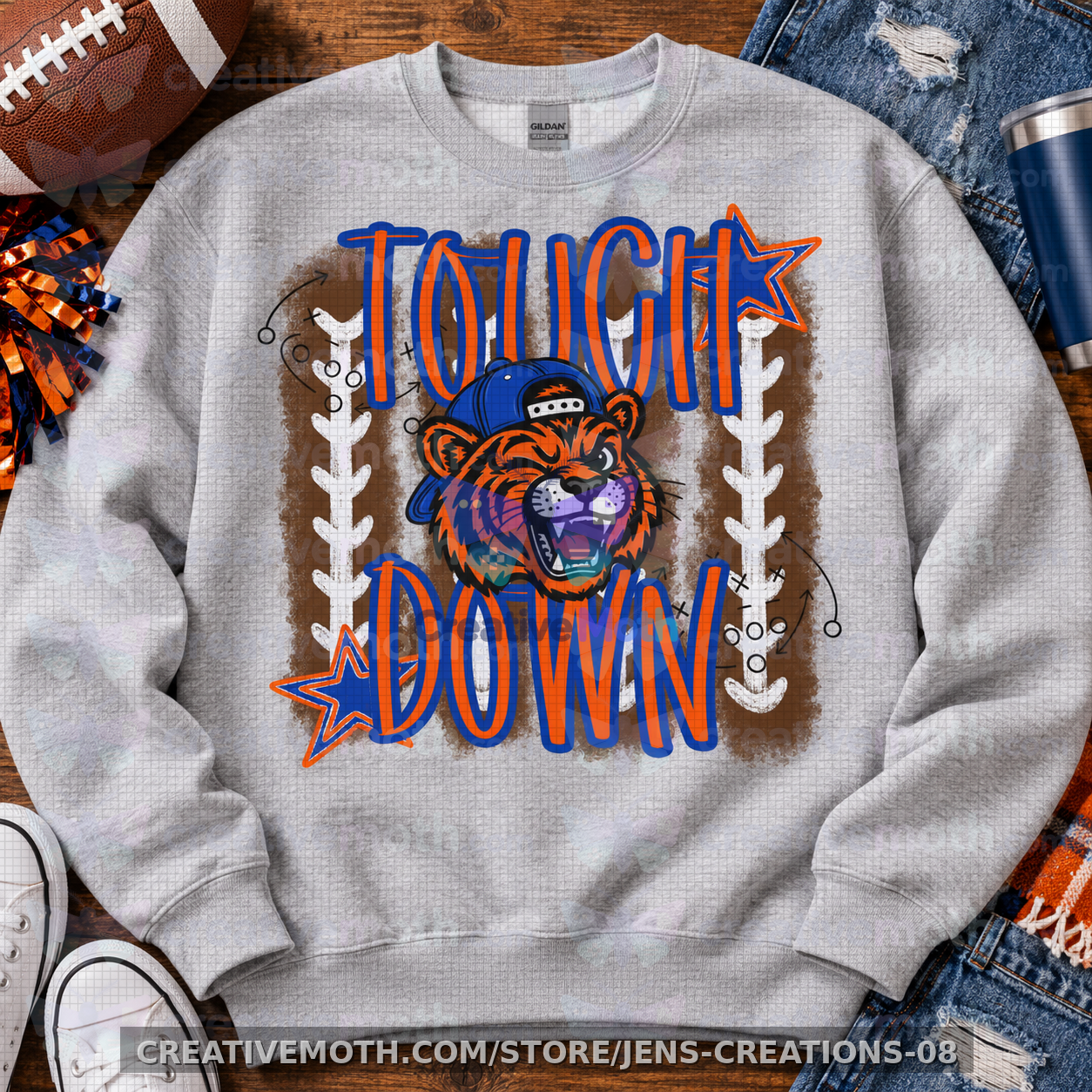 Touchdown Tigers PNG | Football Game Day Digital Design | Tiger Mascot Football Shirt PNG | Orange Blue School Spirit DTF Design preview image