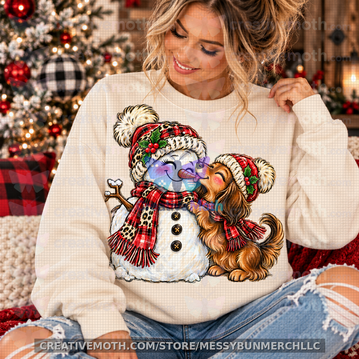 Snowman Kisses Christmas PNG | Cute Dachshund & Snowman Design | Whimsical Winter Holiday DTF Sublimation Digital Download preview image