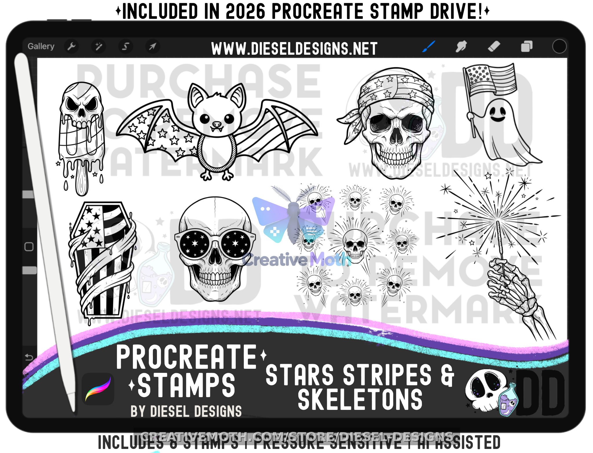 Stars, Stripes & Skeletons – Patriotic Halloween Procreate Stamp Set preview image