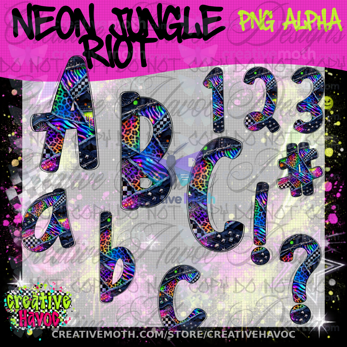 Neon Jungle Riot PNG Alpha • 300 DPI Letter & Number Set preview image