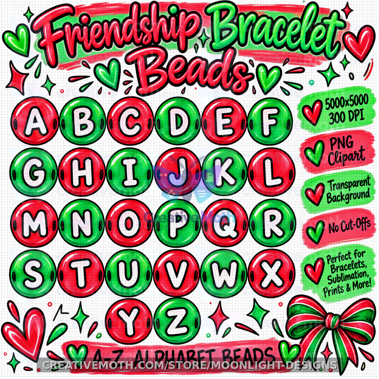 Friendship Bracelet Beads Alphabet OFT PNG | Red & Green Letter Beads A-Z | Digital Clipart Download preview image