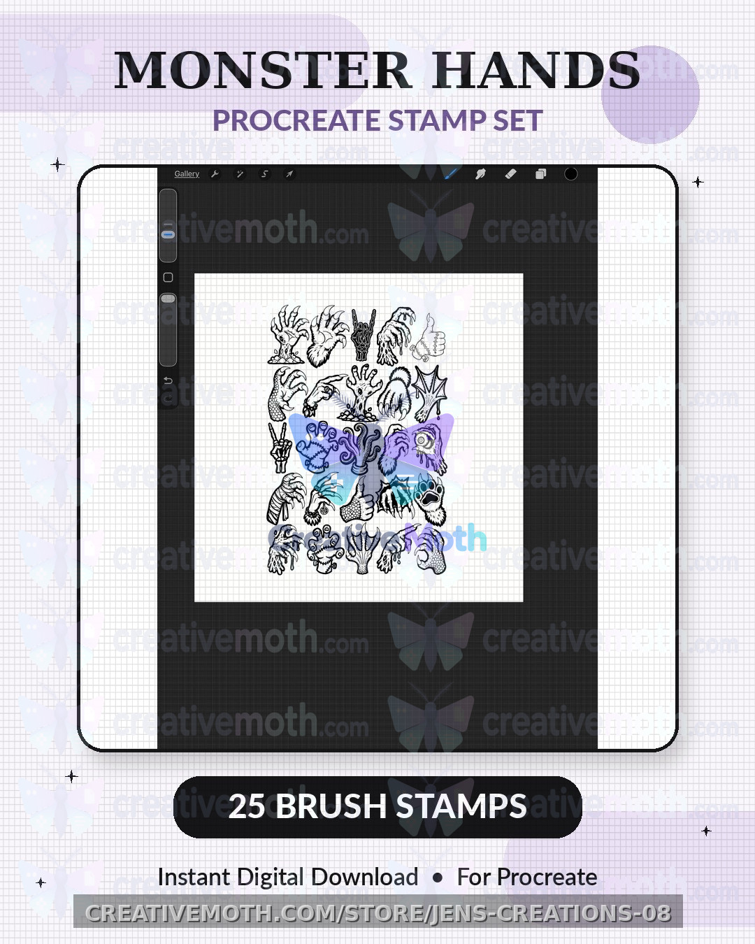 Monster Hands Procreate Stamps | 25 Creepy Hand Brush Stamps | Horror Halloween Claw Clipart | Spooky Digital Art Brush Set preview image