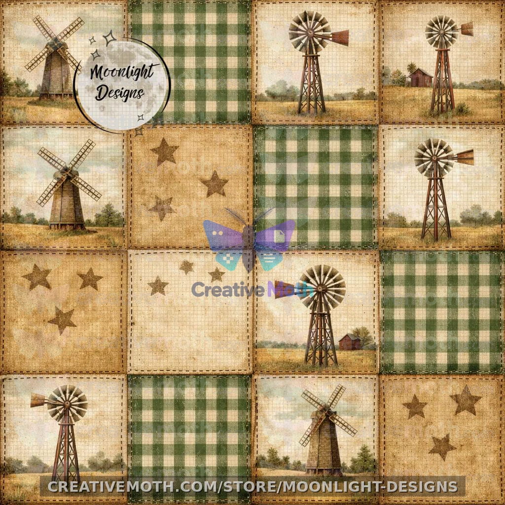 Rustic Farmhouse Windmill Seamless Pattern PNG | Country Patchwork Digital Paper | Green Gingham Western Background | Americana Quilt Design preview image