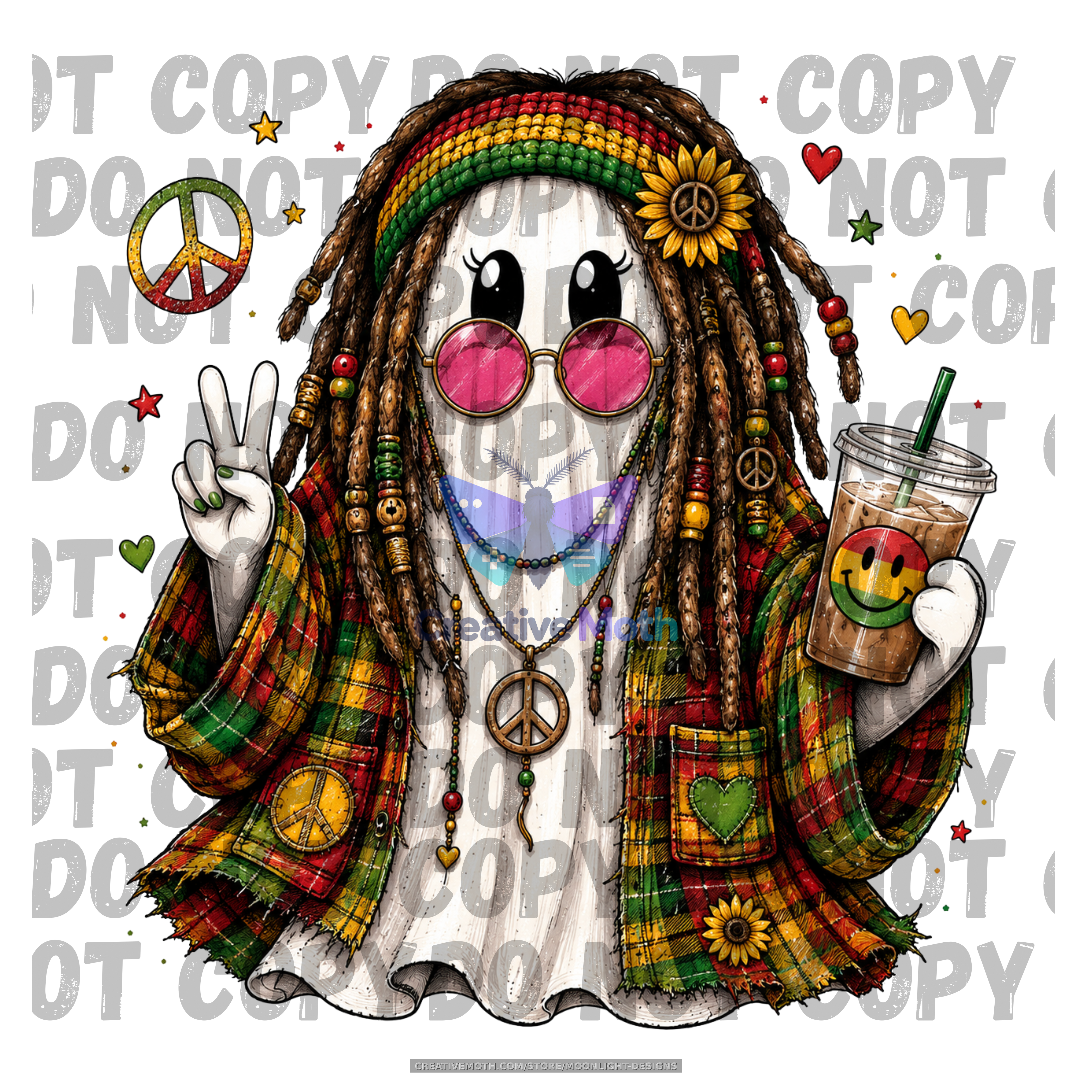 Rasta Hippie Ghost PNG | Peace Sign Ghost Sublimation Design | Boho Halloween Ghost with Iced Coffee | Retro Digital Download preview image