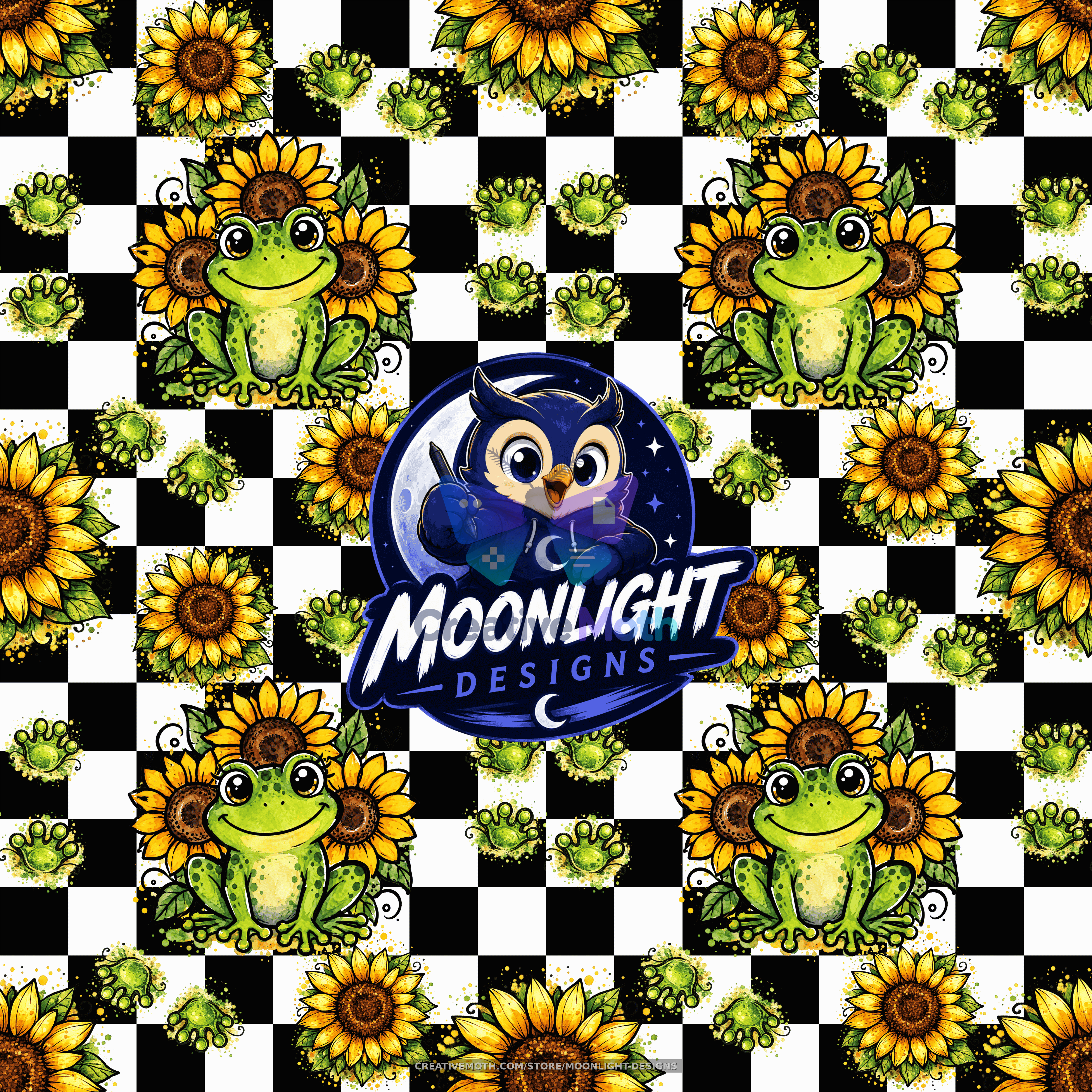 Cute Frog & Sunflower Checkered Seamless Pattern PNG | Watercolor Digital Paper | Sublimation Design | Fabric Print preview image