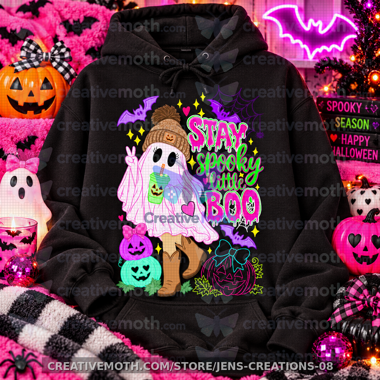 Stay Spooky Little Boo PNG | Girly Halloween Ghost Design | Pink Neon Halloween DTF PNG | Cute Spooky Season Sweatshirt Digital Download preview image