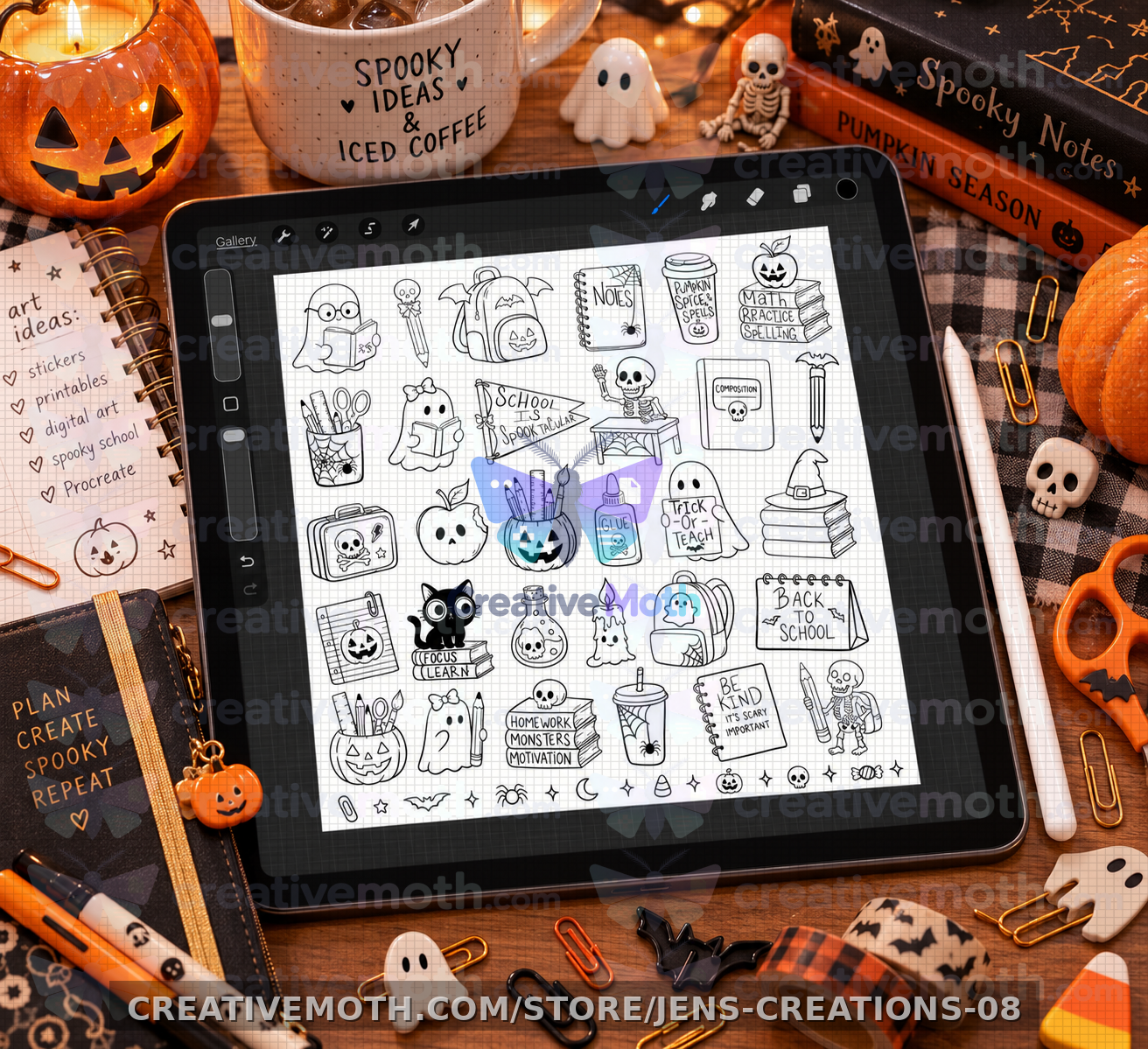Spooky School Days | 31 Procreate Brush Stamps | Halloween Teacher & School Clipart | Cute Ghost Pumpkin Stamp Bundle | Digital Download preview image